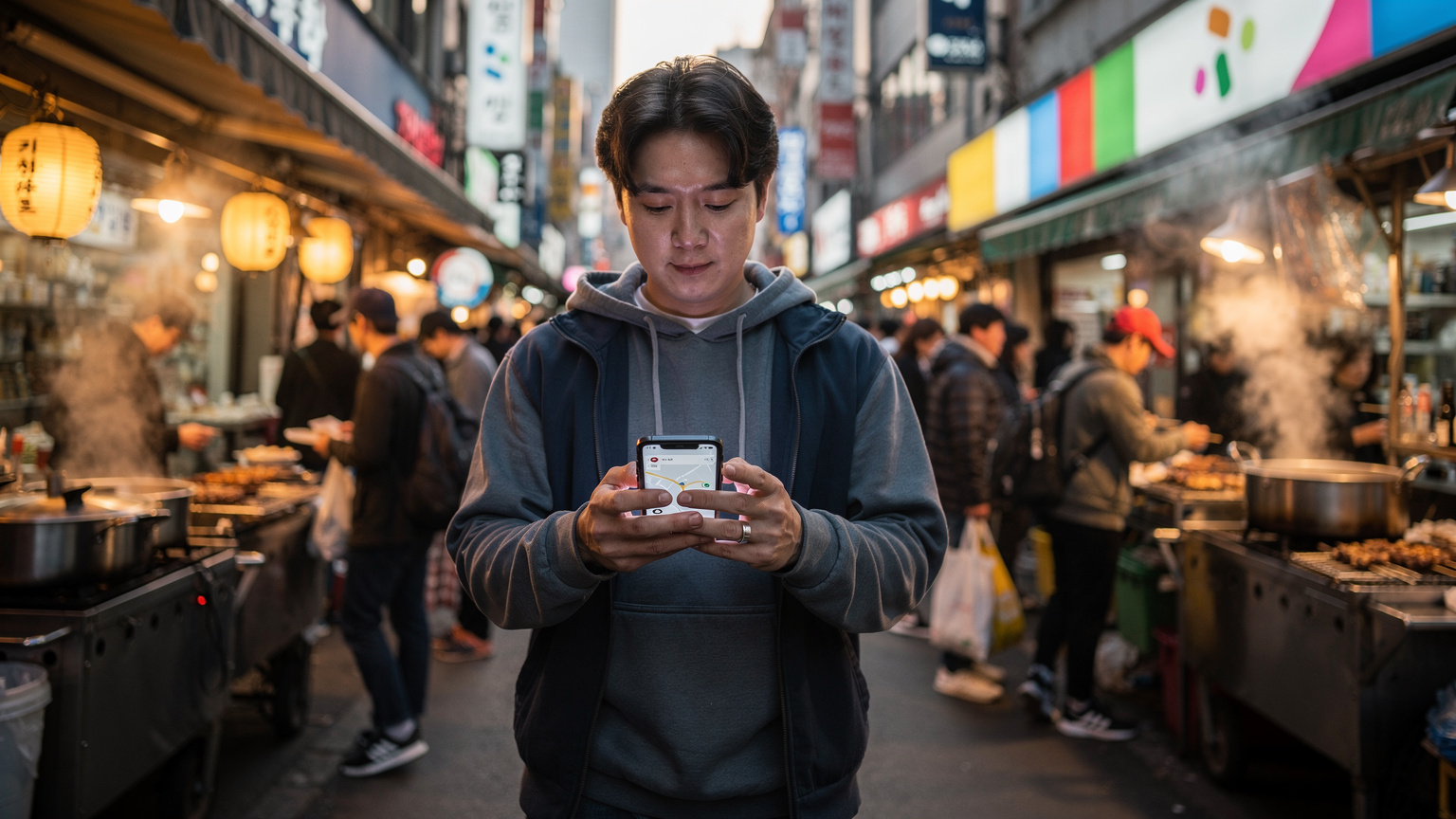 Ein Reisender nutzt sein Smartphone für die Navigation in einer belebten Seitengasse von Myeongdong, Seoul, flankiert von Streetfood-Ständen.