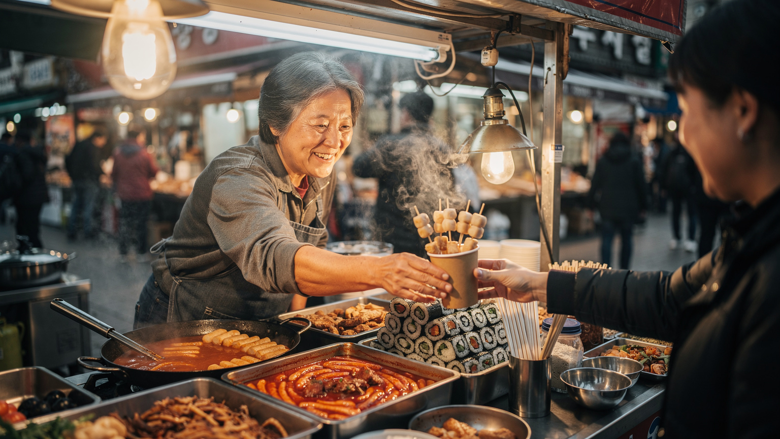 Ein Streetfood-Verkäufer in einem traditionellen koreanischen Markt reicht einem Kunden eine dampfende Schale Odeng.