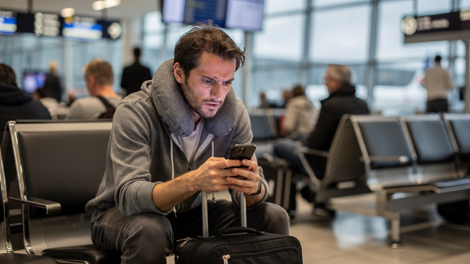 A tired traveler at a busy airport gate looks frustratedly at their iPhone showing a 'No Service' message.
