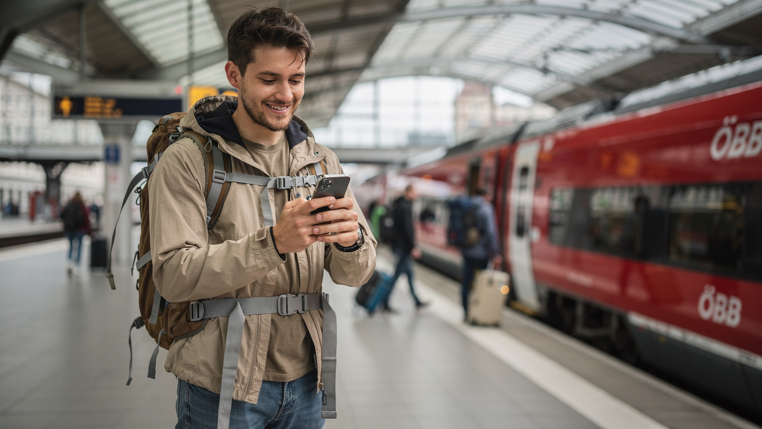 A backpacker in front of a European train, checking their iPhone for eSIM activation, showing a successful connection.