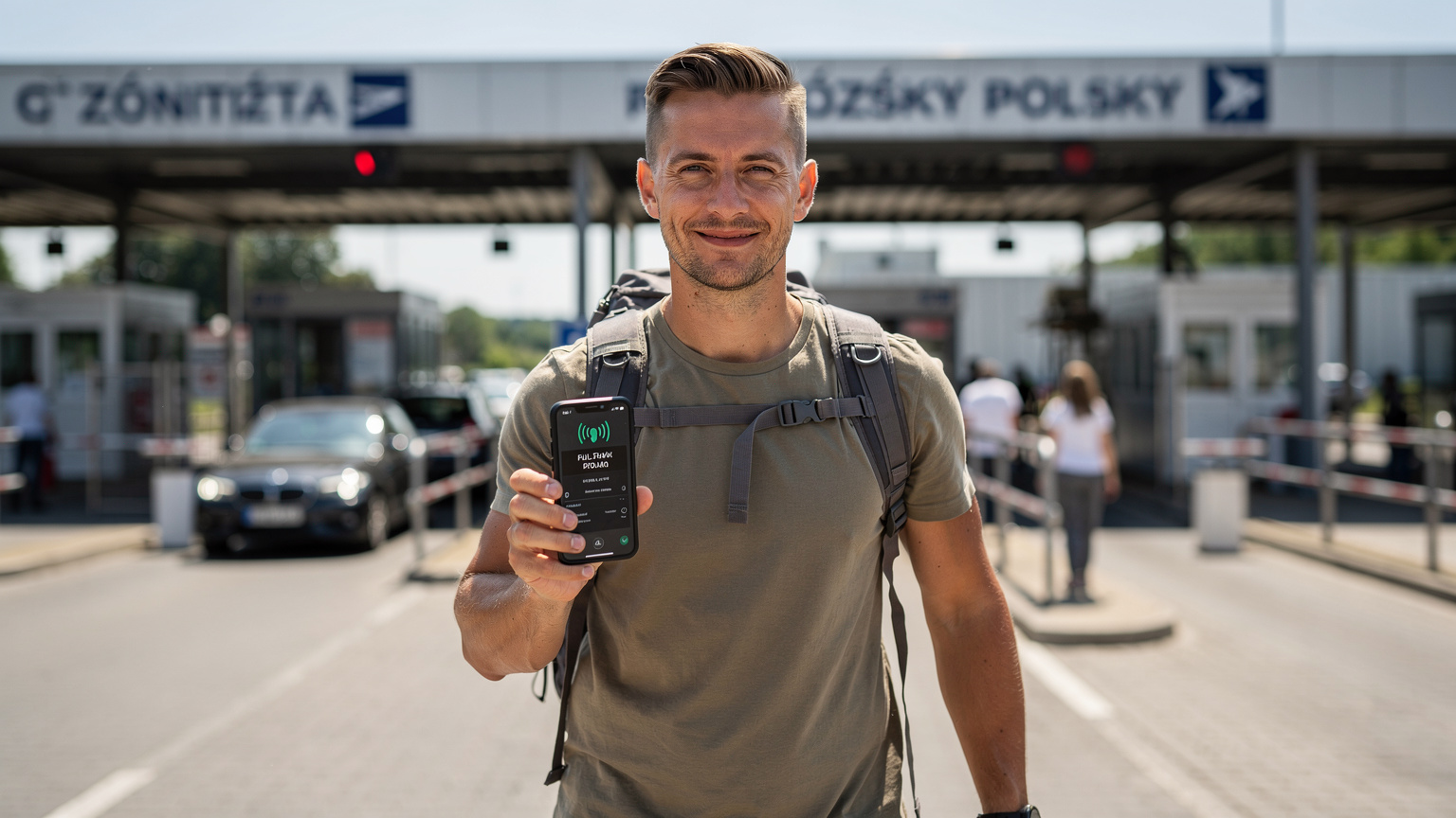 A traveler holds up their iPhone, displaying full signal bars, while walking past a customs booth at a bustling European border crossing.