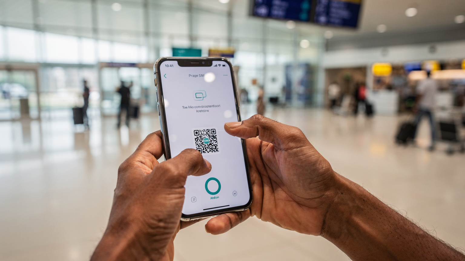 A close-up shot of a parent's hands installing an eSIM on an iPhone by scanning a QR code, with the background blurred to show the interior of Addis Ababa Bole International Airport.