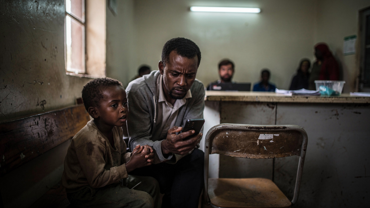 A worried parent holding a child's hand, looking at a phone screen with a map, in a dimly lit, slightly chaotic clinic reception area in a smaller Ethiopian town.
