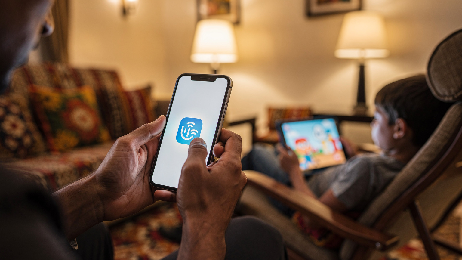 A parent's hands, holding a smartphone showing the Cellesim app, while a child watches a show on an iPad in the background, set in a cozy hotel lobby in Addis Ababa.