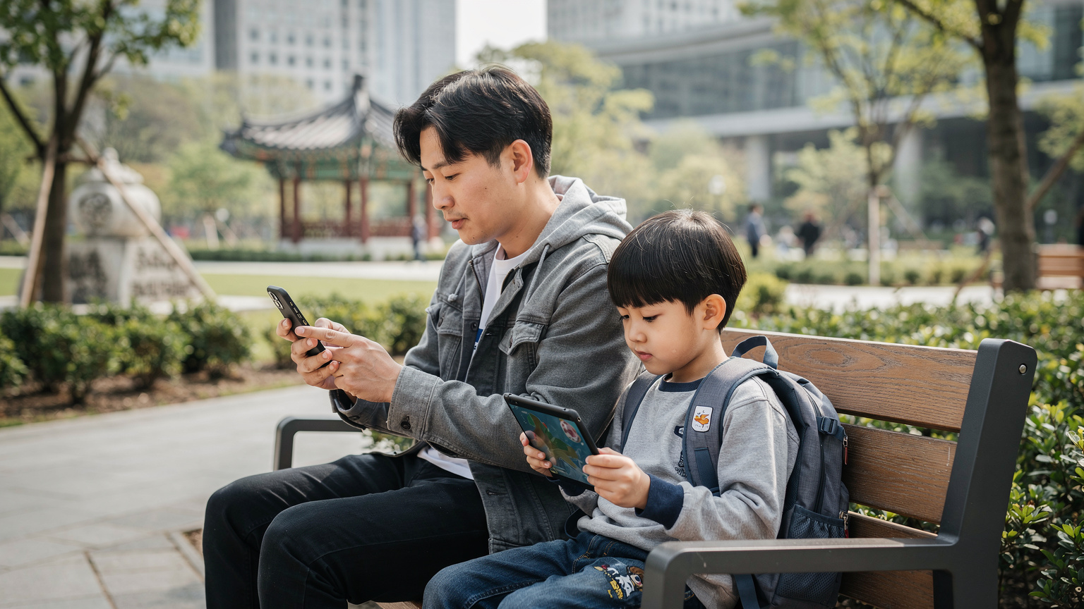 Un genitore, seduto su una panchina in un parco di Seul, sta controllando una mappa digitale sul suo telefono, mentre il figlio, di circa 7 anni, è intento a giocare con un tablet, entrambi connessi grazie alla affidabile eSIM.