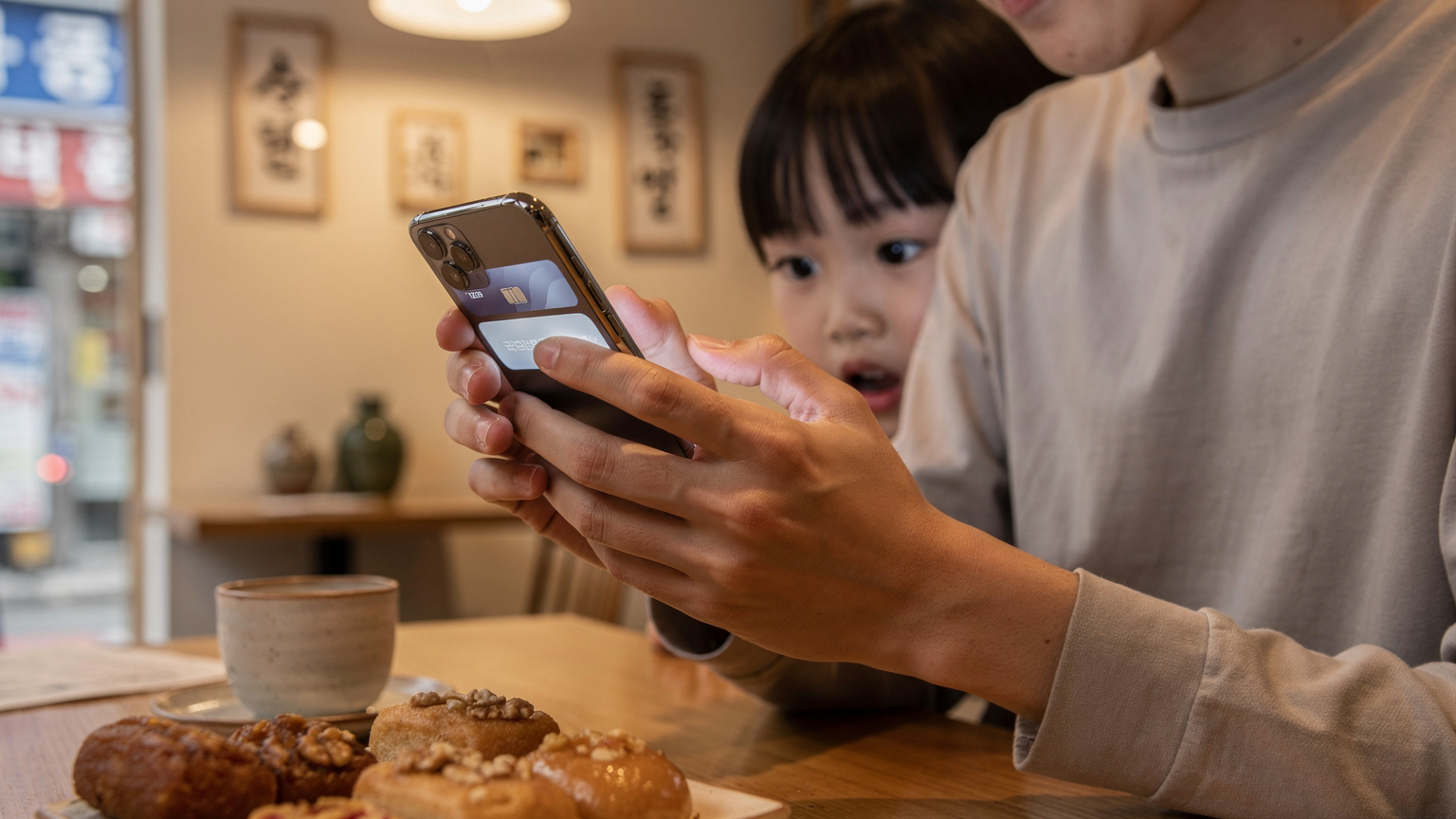 Un genitore sta configurando una eSIM sul proprio smartphone mentre il figlio piccolo guarda con curiosità, seduti in un caffè moderno con un'atmosfera accogliente a Seul.