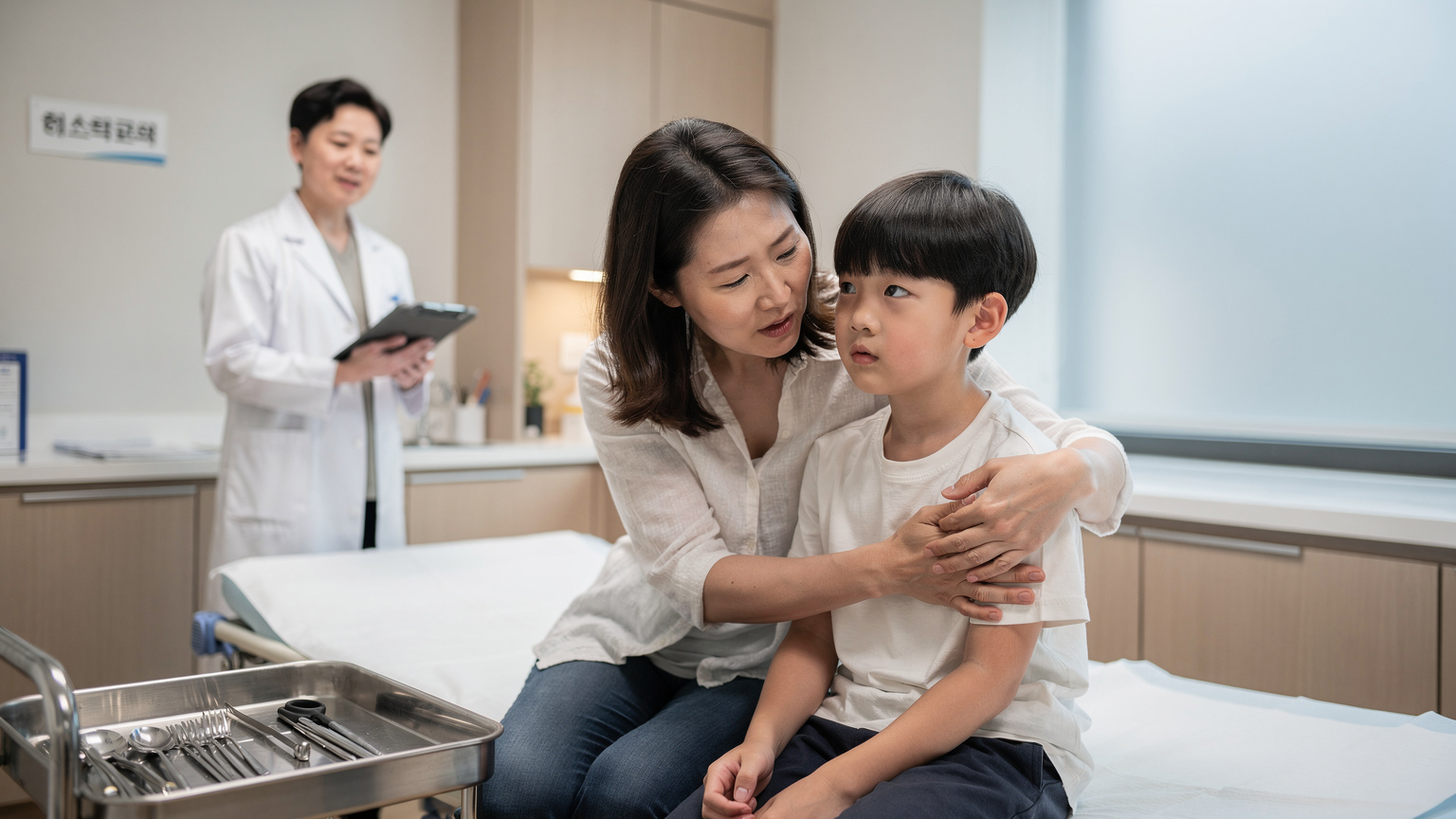 Un genitore rassicura il figlio in un ambulatorio medico moderno e pulito a Seul, con un medico coreano che offre assistenza con un'espressione calma e professionale.