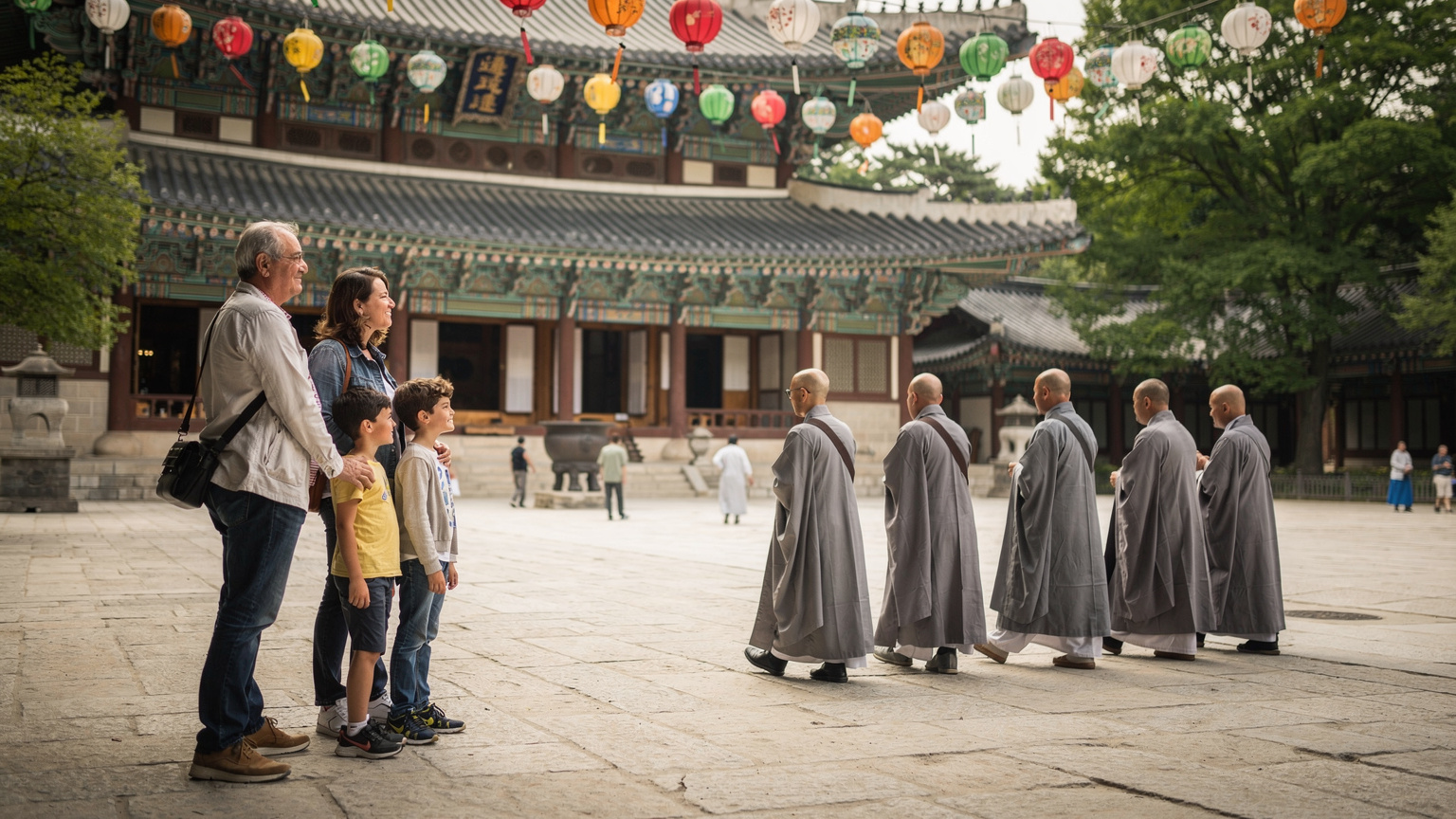 Una famiglia italiana osserva con ammirazione un gruppo di monaci buddisti in abiti tradizionali camminare in silenzio attraverso il cortile del Tempio di Jogyesa a Seul, in un momento di quiete e rispetto culturale.