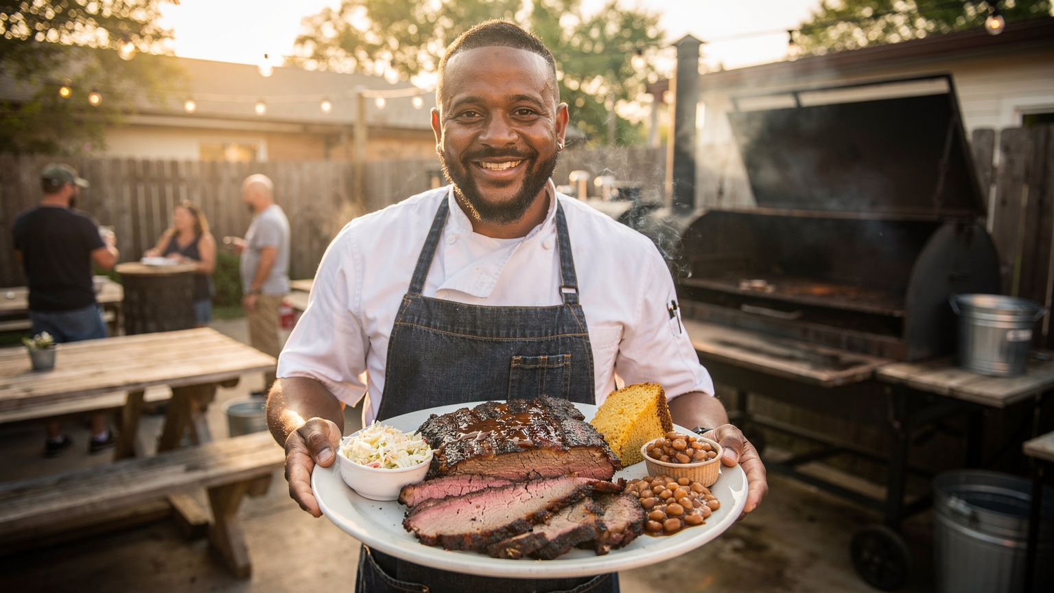Un chef afro-américain souriant sert un plat de barbecue fumant avec des accompagnements traditionnels dans une cuisine extérieure à Austin, Texas.