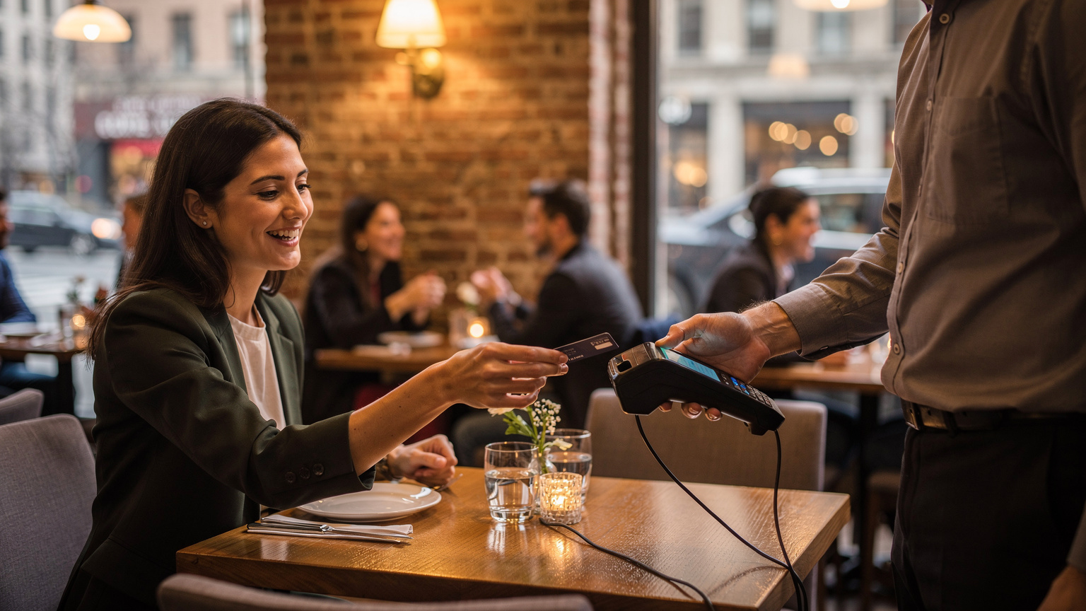 Une femme souriante paie avec sa carte de crédit dans un restaurant, son serveur tient un terminal de paiement sans contact sur la table.