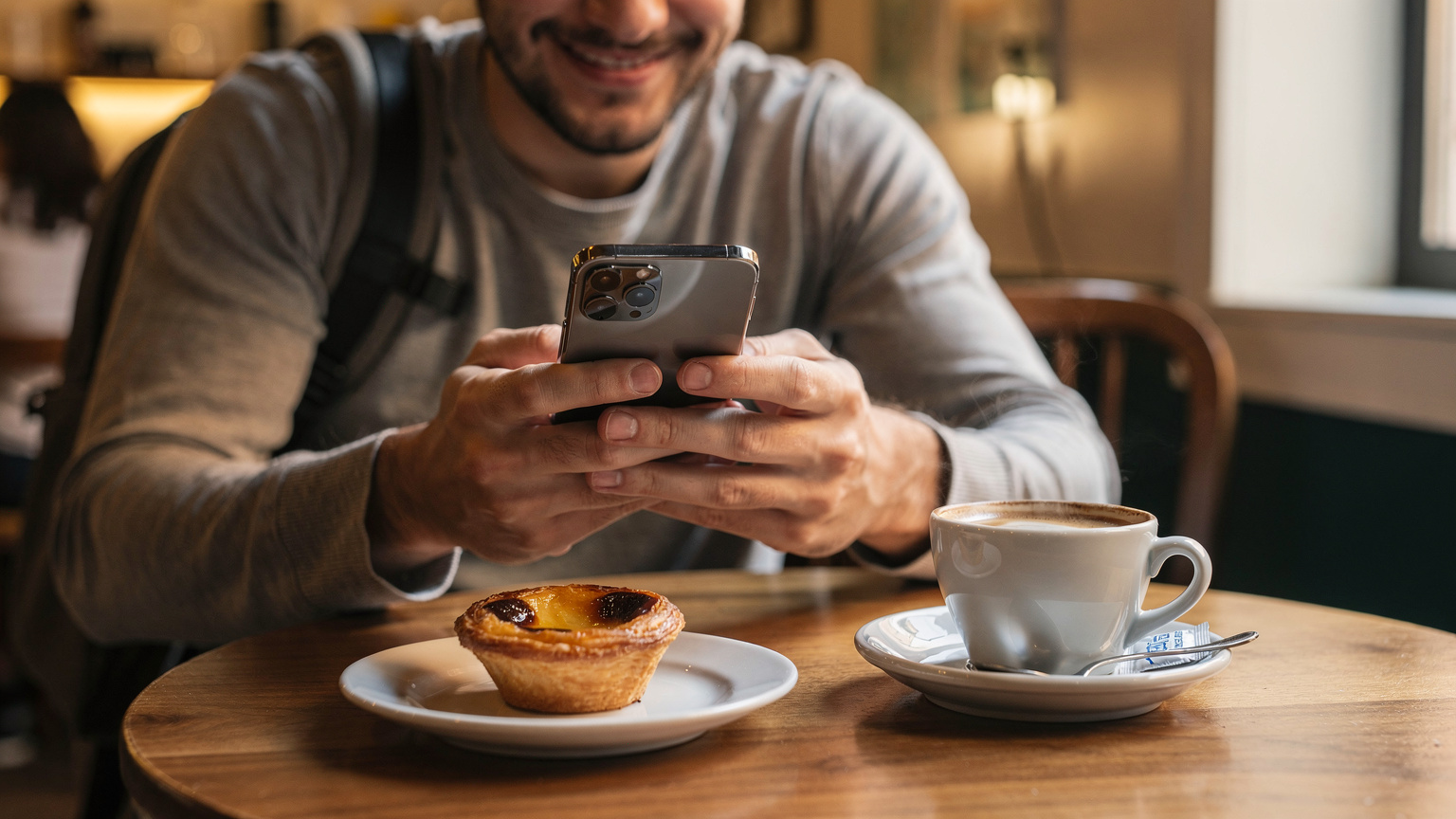 Uma pessoa com uma mochila moderna, olhando um smartphone para verificar a ativação de um eSIM em um café aconchegante no bairro do Príncipe Real, em Lisboa, com um pastel de nata e um café na mesa.