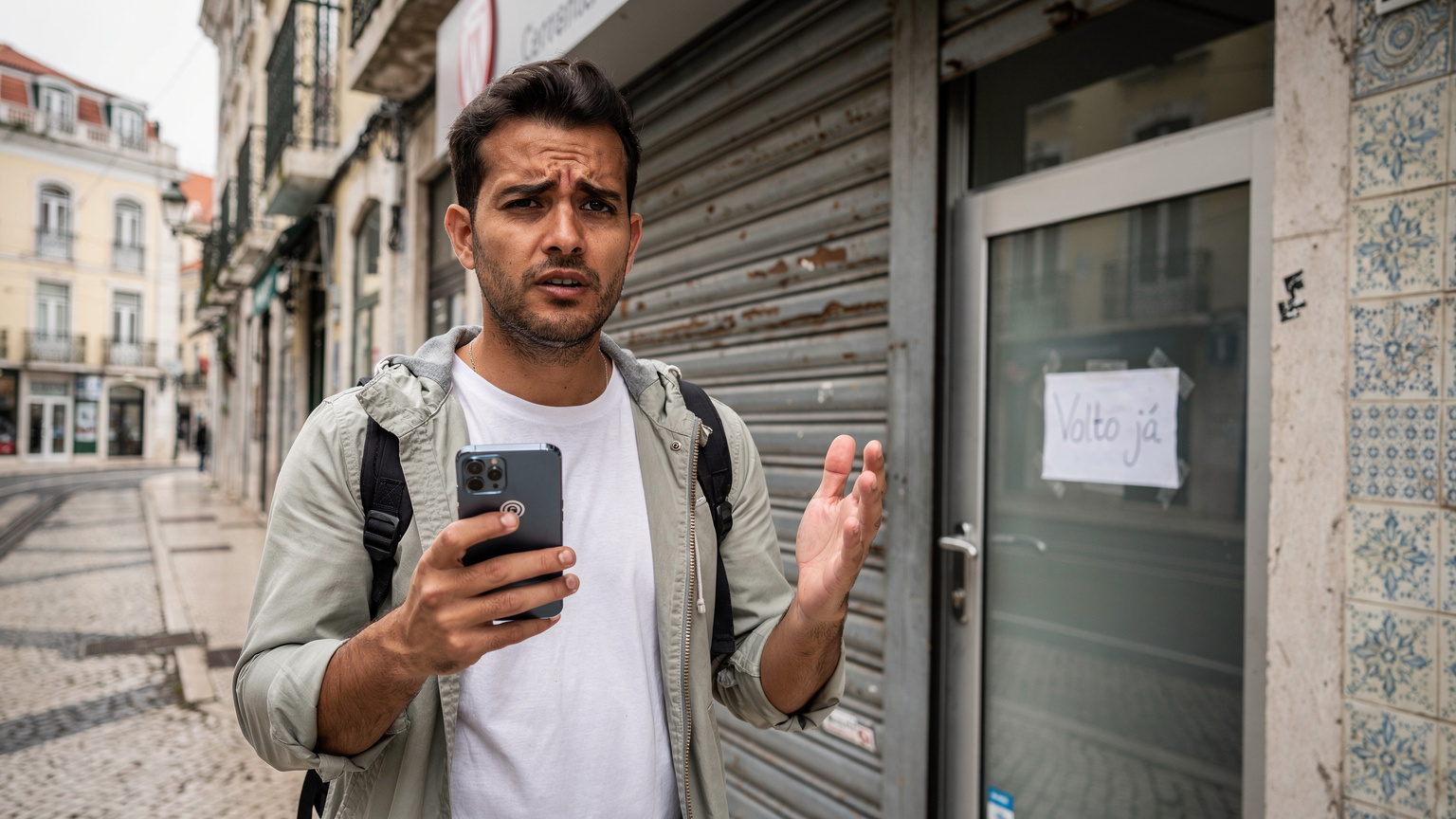 Um turista frustrado olhando para um smartphone com uma tela de 'sem serviço' enquanto está de pé na frente de uma loja de operadora de celular em Lisboa, com a loja fechada e um aviso de 'Volto já' na porta.