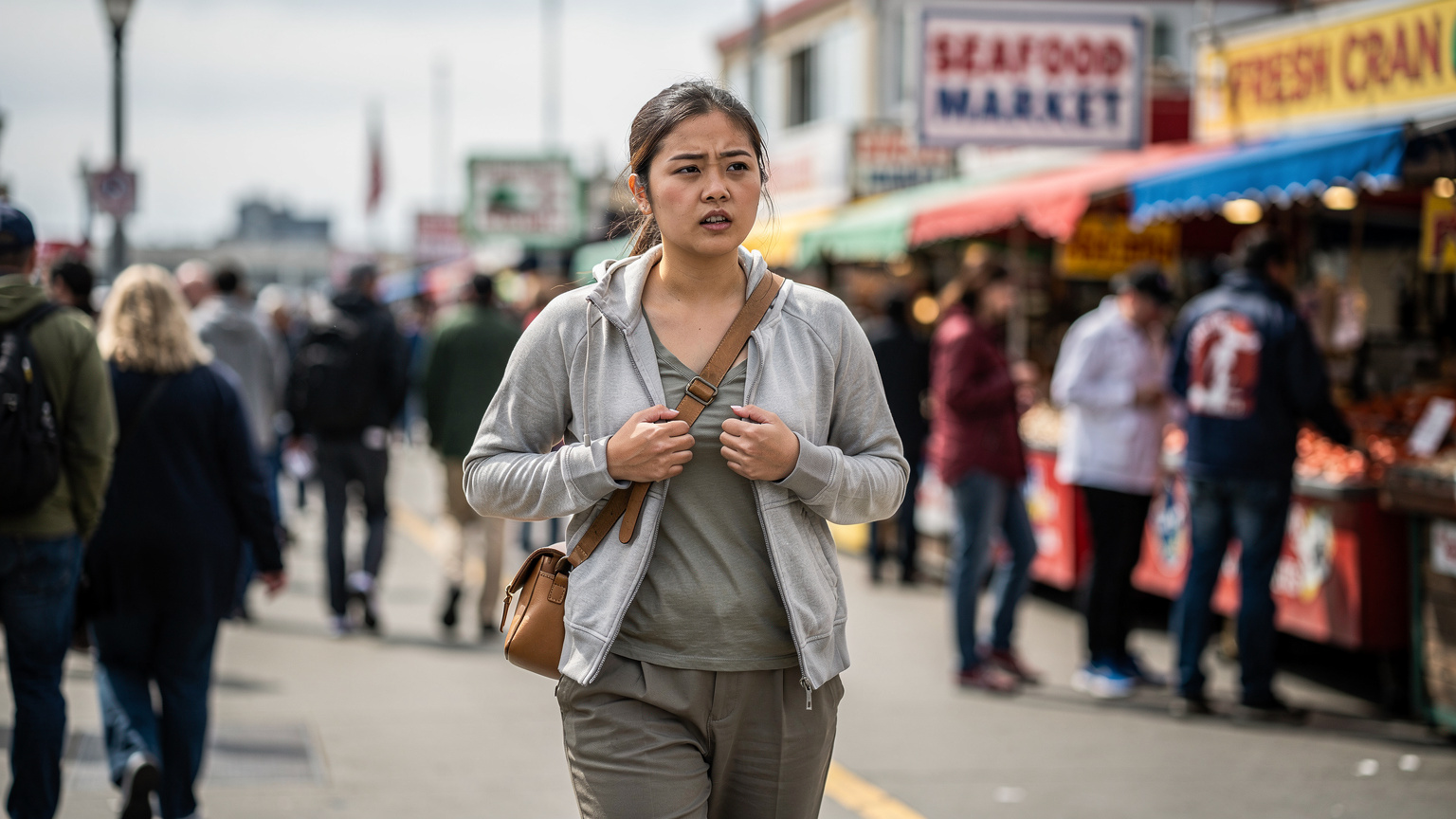 一位亚洲女性游客在旧金山渔人码头,身穿休闲服饰,小心翼翼地把斜挎包拉到胸前,警惕地看着周围的人群。