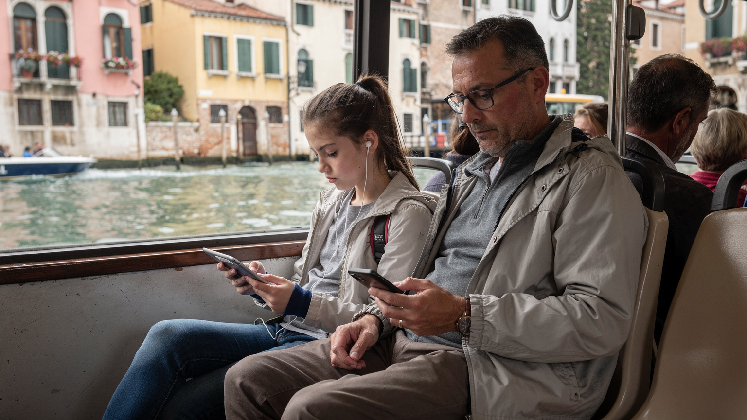 Un padre e una figlia adolescente che navigano su un tablet mentre sono seduti comodamente su un vaporetto affollato che attraversa un canale veneziano, con l'architettura storica e l'acqua scintillante sullo sfondo.