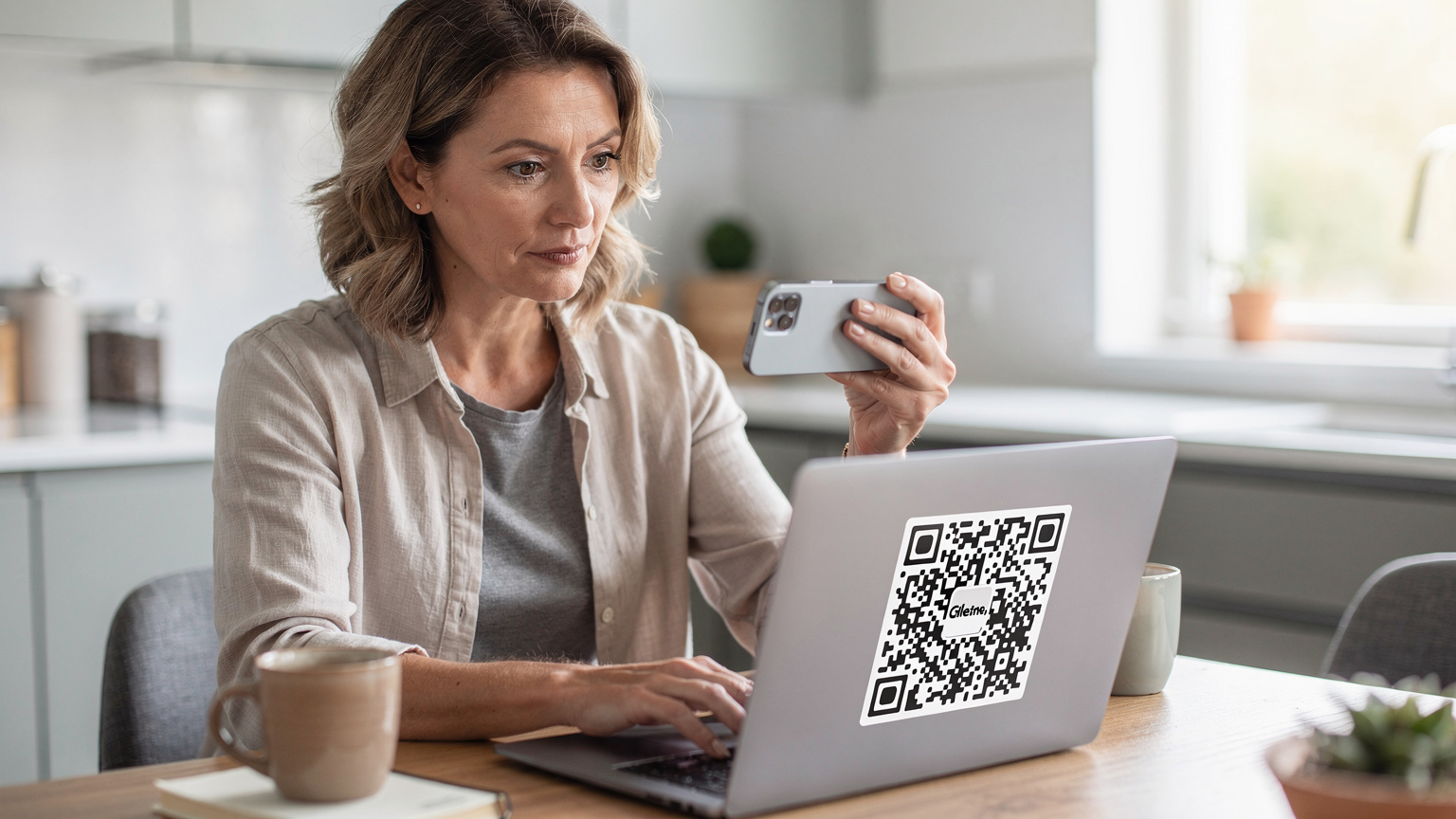 Una donna seduta al tavolo della cucina di casa sua, concentrata su un laptop aperto che mostra un'email con un codice QR per l'attivazione di una eSIM, mentre scansiona il codice con il suo smartphone, pianificando il viaggio a Venezia.