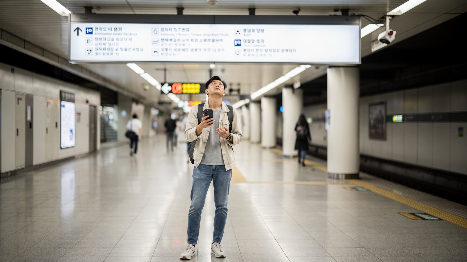 Un viaggiatore guarda con curiosità un cartello luminoso con indicazioni in coreano e inglese nella stazione della metropolitana di Seoul, con il suo smartphone in mano, pronto a navigare.