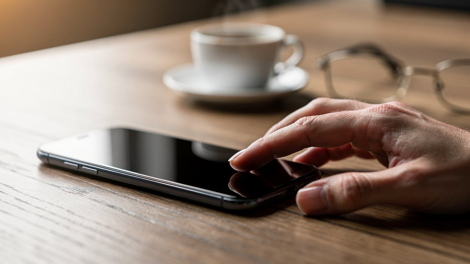 Un primo piano di un telefono che mostra una schermata di impostazioni dell'eSIM, con mani che toccano lo schermo, e una tazza di caffè e occhiali da lettura sfocati sullo sfondo, suggerendo una mattinata di lavoro tranquilla.