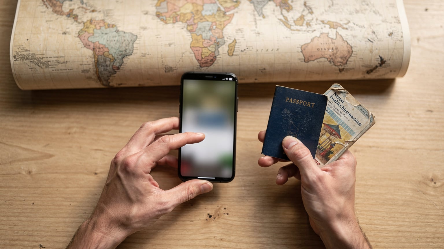 Mani di un viaggiatore che digitano sul suo smartphone, mentre tiene un passaporto e una piccola guida di viaggio, con lo sfondo sfocato di una mappa del mondo su un tavolo di un caffè.