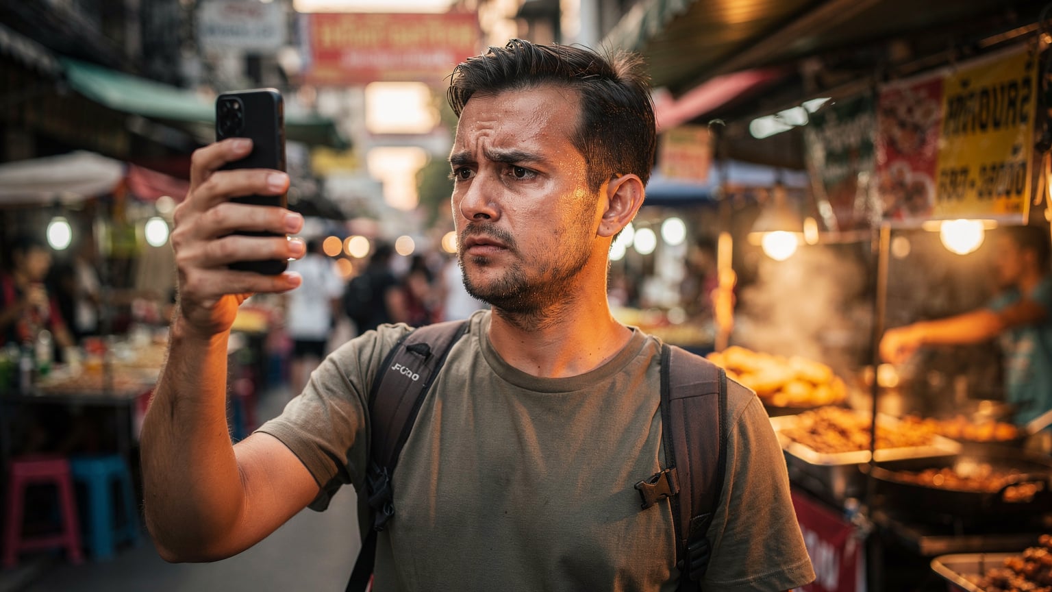 Un viaggiatore digitale frustrato controlla il suo telefono in un vivace mercato di strada a Bangkok, cercando un segnale stabile per una videochiamata di lavoro. I colori vivaci del mercato creano un contrasto con la sua espressione preoccupata.