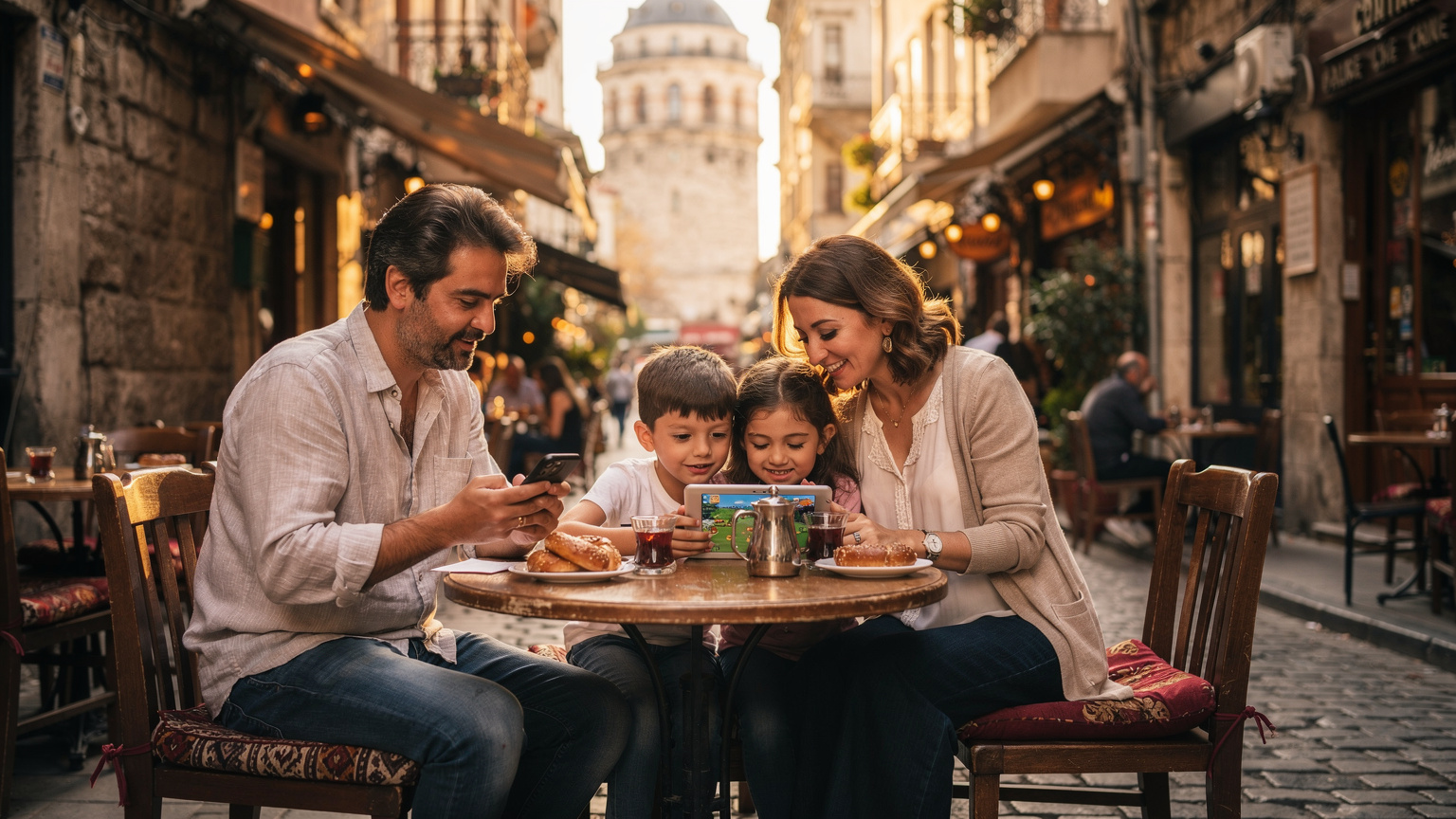 İstanbul'da bir aile, Galata Kulesi'nin yakınlarındaki bir kafede oturmuş, ebeveynler telefonlarında bir şeyler kontrol ederken çocuklar da tabletten oyun oynuyor.