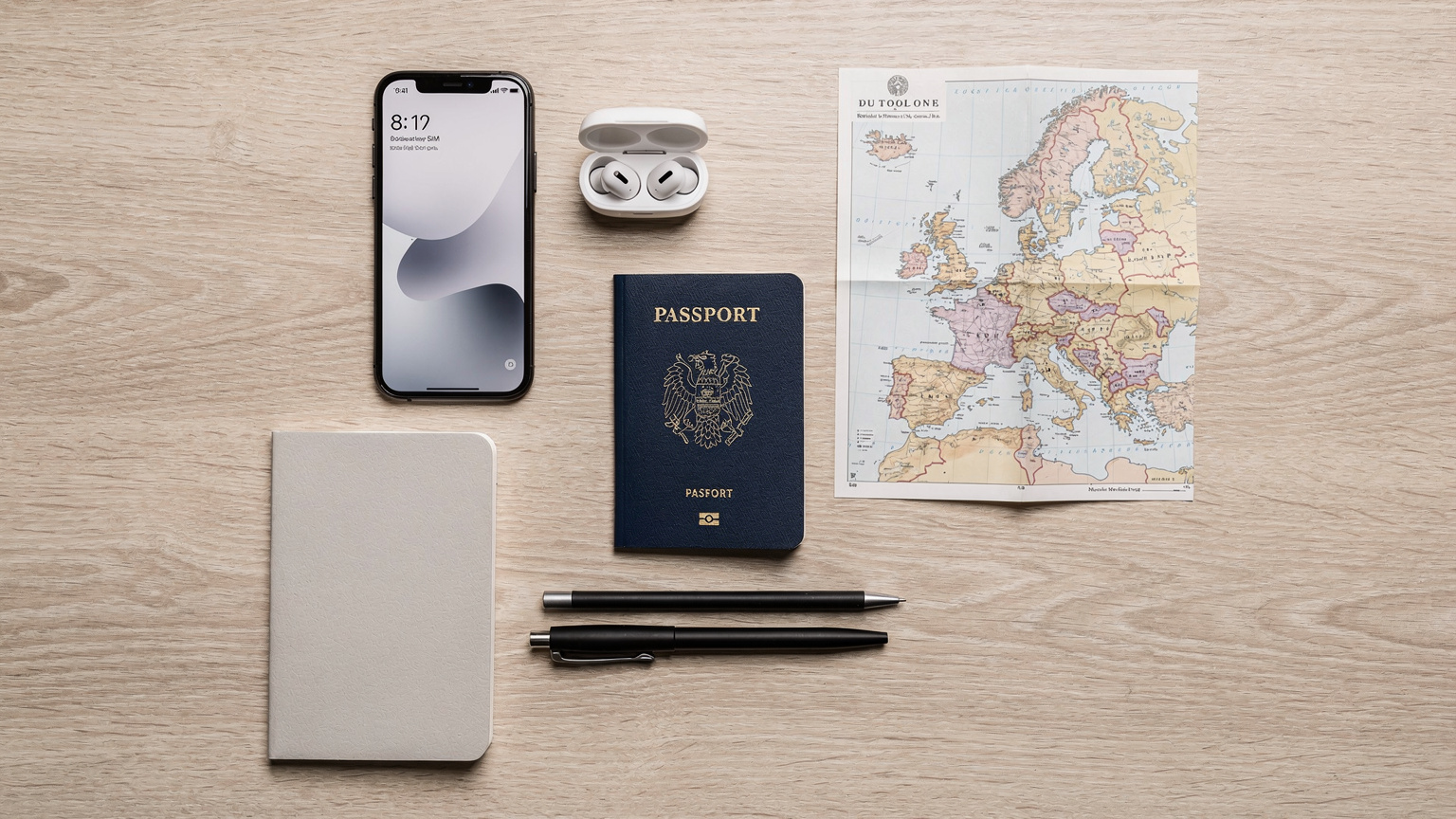 Een overhead shot van een reisplanningstafel met een paspoort, smartphone met een eSIM-app, oordopjes, en een kaart van Europa, alles geordend en klaar voor vertrek.