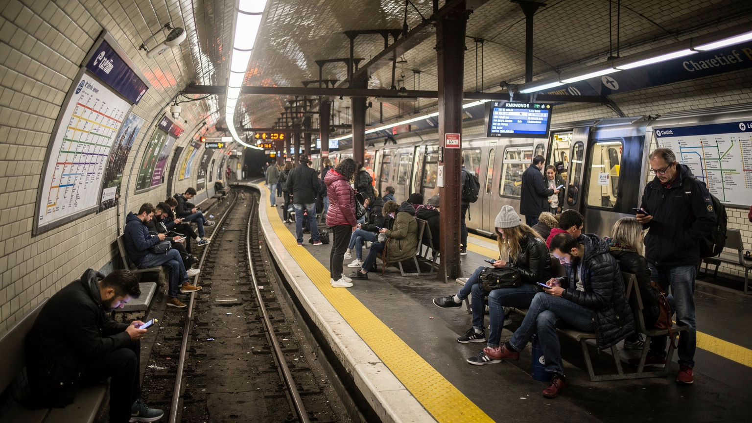 Een dichtbevolkt perron van het Parijse metrostation Châtelet-Les Halles, waar reizigers op hun telefoon kijken, sommigen met een blik van lichte frustratie.