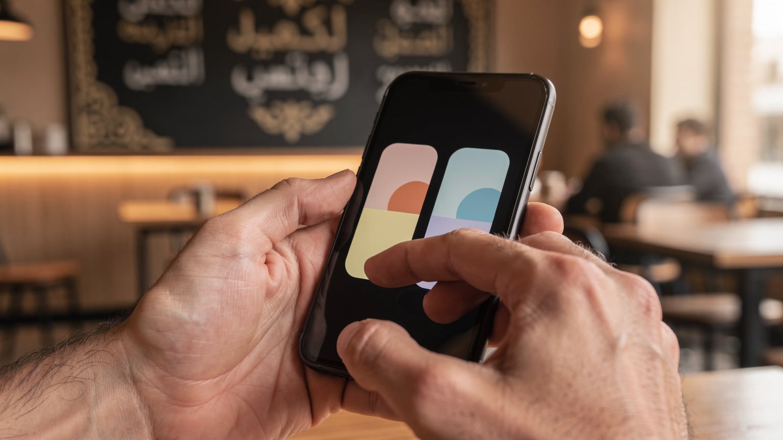 A close-up view of a traveler's hands holding a smartphone, with fingers navigating an eSIM app to select a data plan, while a blurred cafe menu board with Arabic script is visible in the background.
