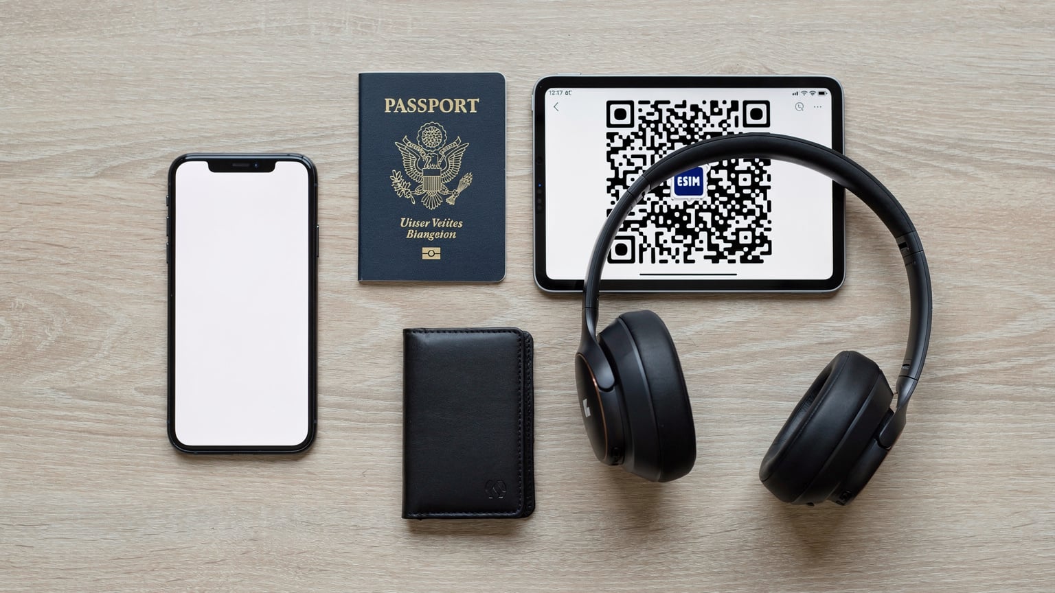 An overhead flat-lay of a digital nomad's essential travel items: a smartphone displaying a QR code on a second screen, a passport, a minimalist wallet, and noise-canceling headphones, arranged neatly on a light wood desk.