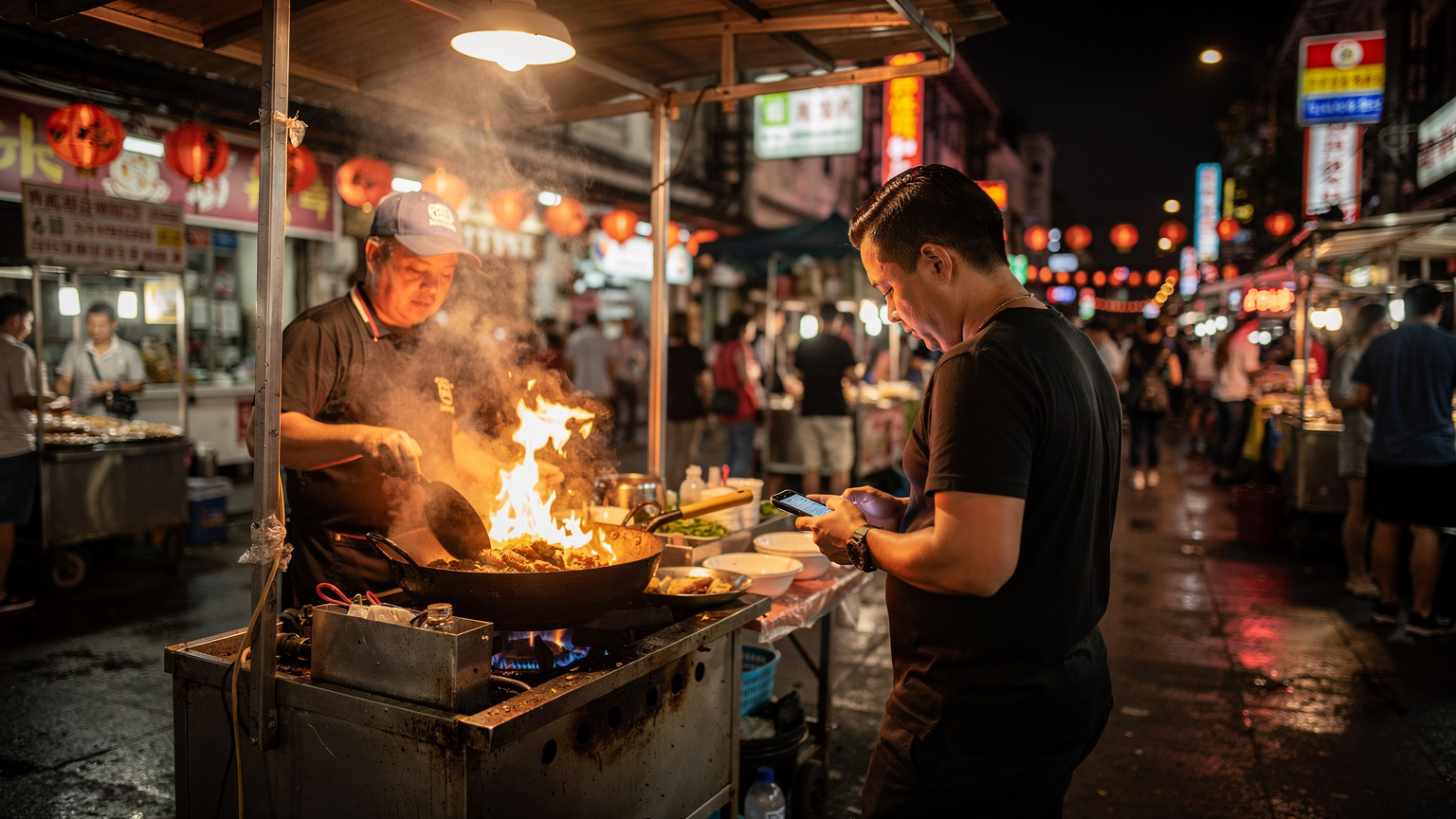 A bustling street food stall in Bangkok's Chinatown, with steam rising from a wok. In the foreground, a person is discreetly checking their phone while waiting for food, illustrating the need for connectivity even in vibrant local settings.