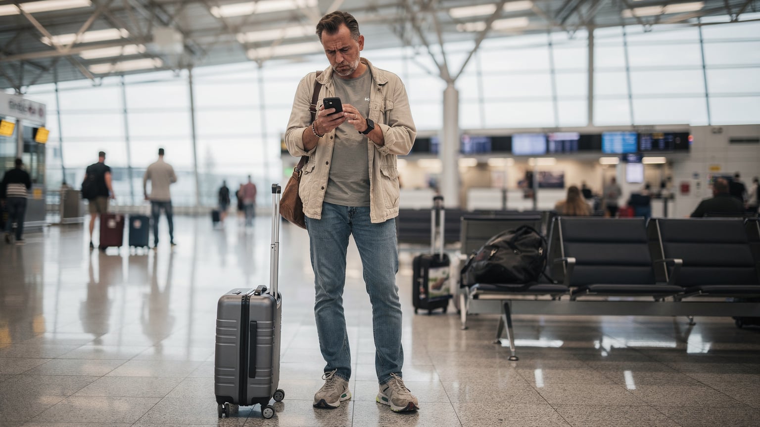 A weary traveler standing in a brightly lit, busy airport terminal, looking confused and frustrated at their smartphone, suggesting difficulty with connectivity or eSIM activation.