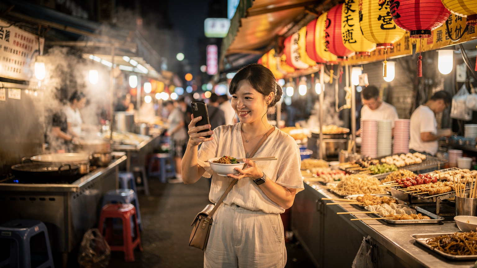 台北の夜市で、屋台の食べ物を楽しむ日本人女性。手にはスマートフォンのカメラを構え、写真を撮ろうとしている。