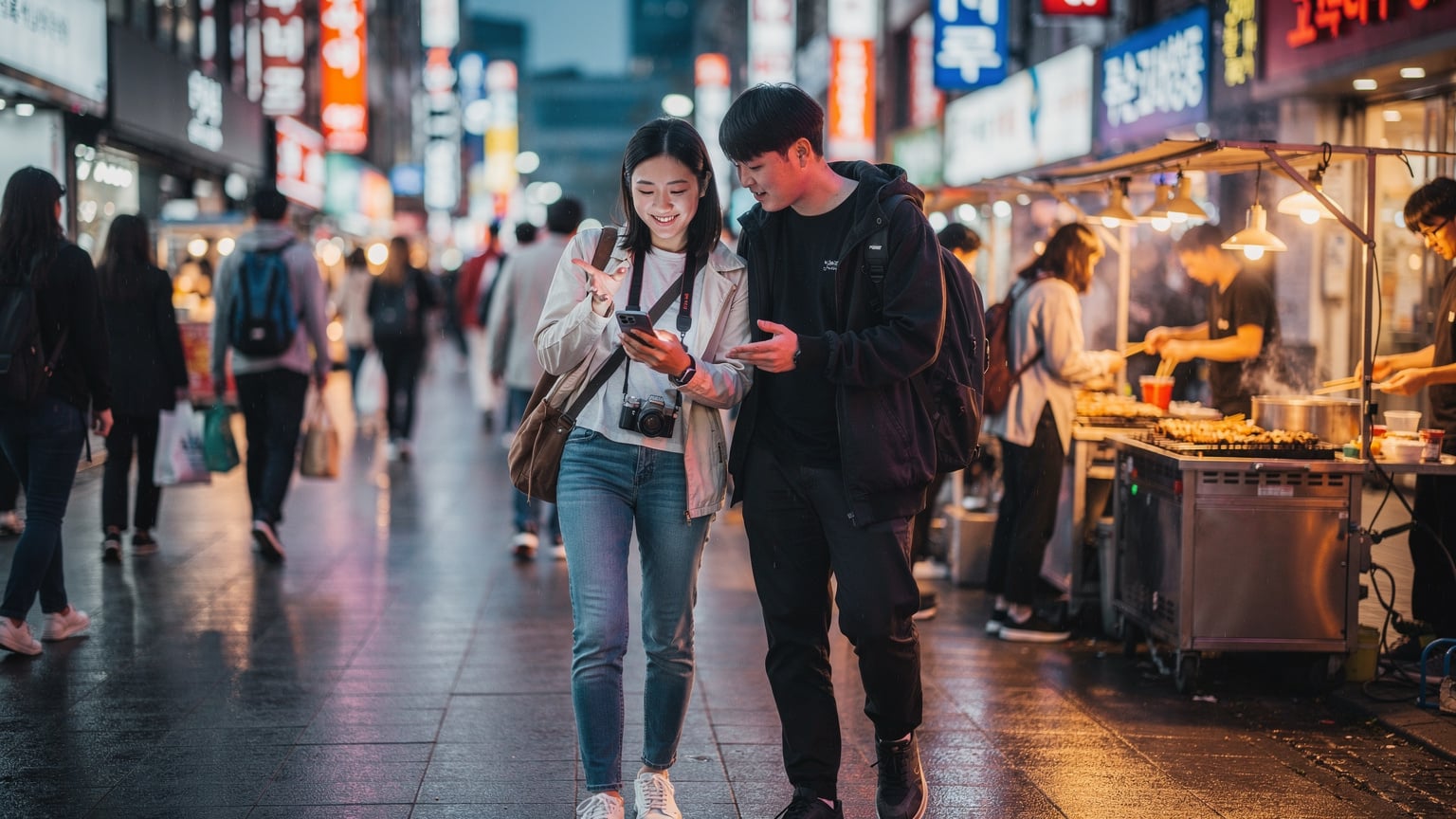 韓国の活気ある明洞の通りで、友人とおしゃべりしながらスマートフォンで情報を確認する若い日本人旅行者。