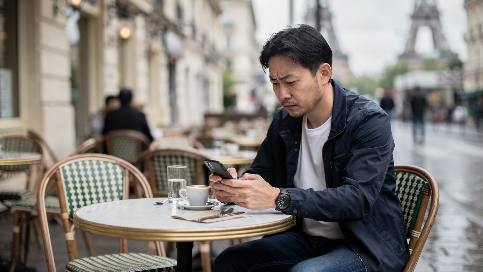 パリのカフェテラスで、スマートフォンを見ながら眉間にしわを寄せている日本人男性。背景にはエッフェル塔が遠くに見える。