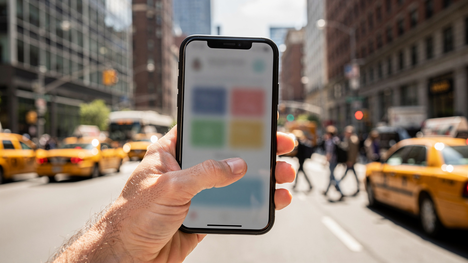 Um smartphone exibindo o aplicativo Uber em um fundo borrado de uma rua movimentada em Nova York, com táxis amarelos e pedestres ao longe, capturando a essência do transporte urbano.