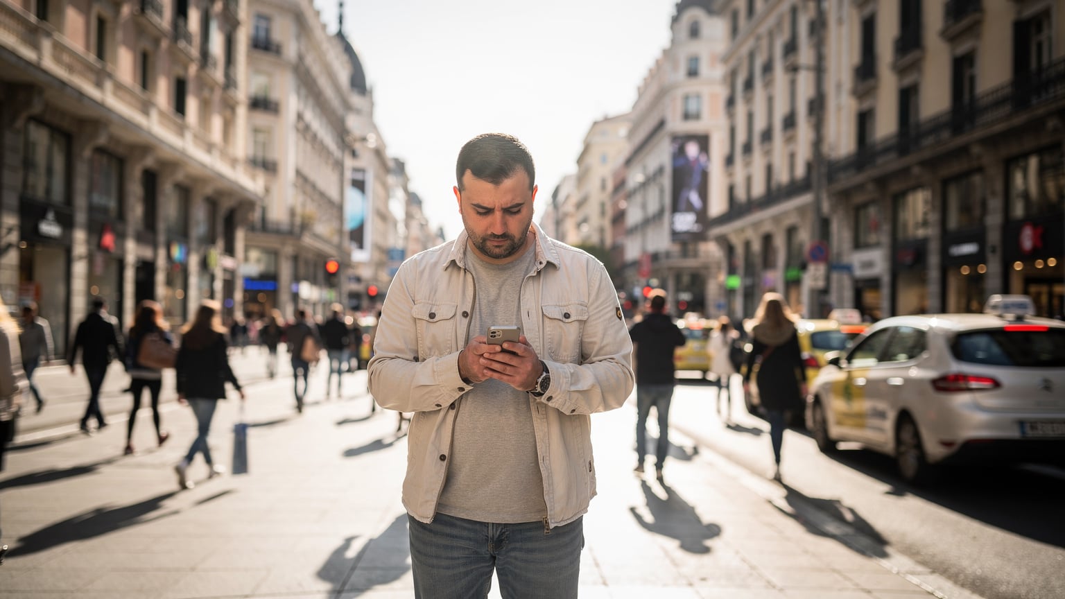 Madrid'in Gran Via caddesindeki kalabalıkta, elinde telefonla harita kontrol eden bir Türk gezgin.