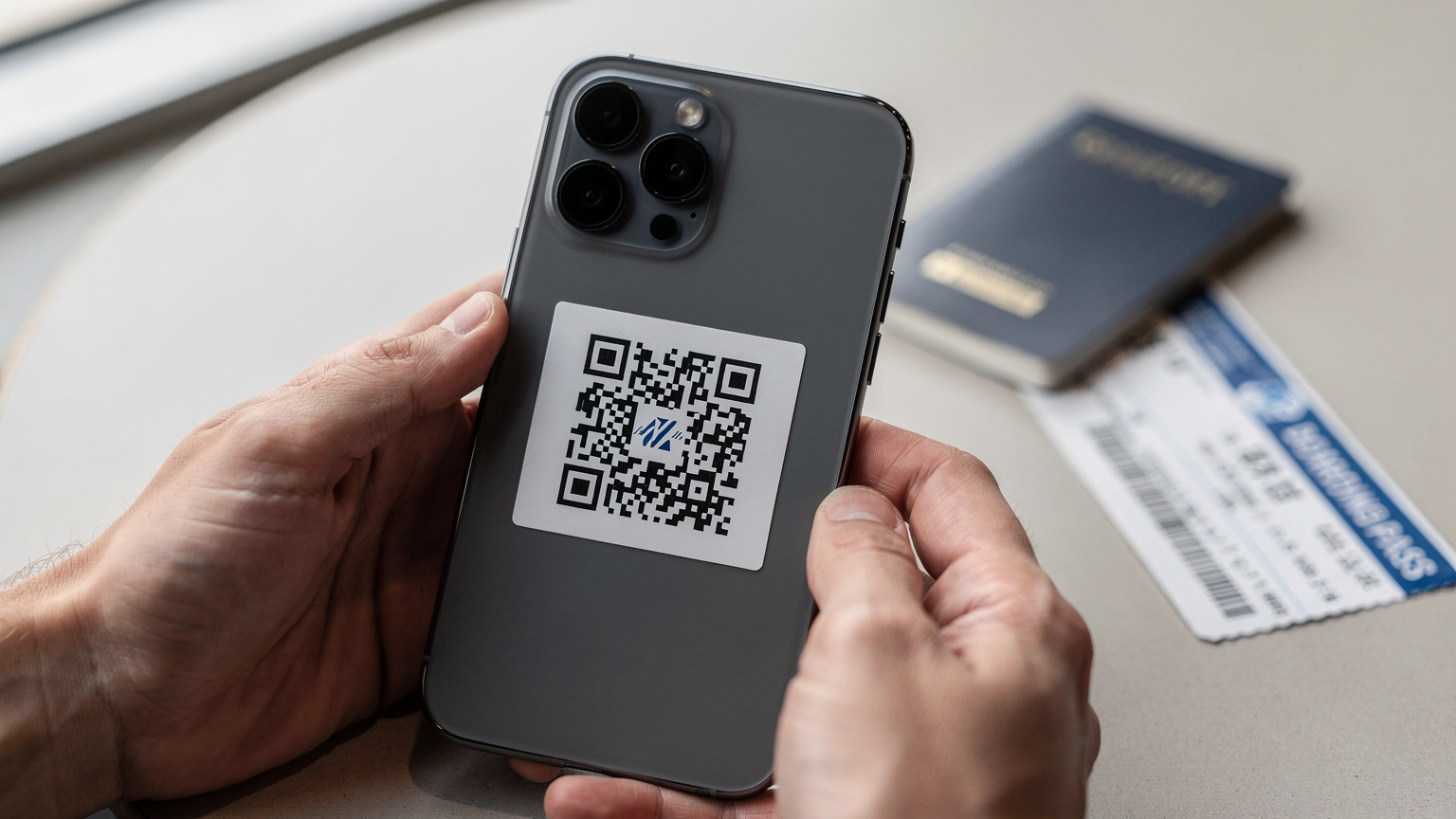 Bir gezginin elinde akıllı telefonuyla bir eSIM QR kodunu tararken çekilmiş yakın çekim bir fotoğraf.