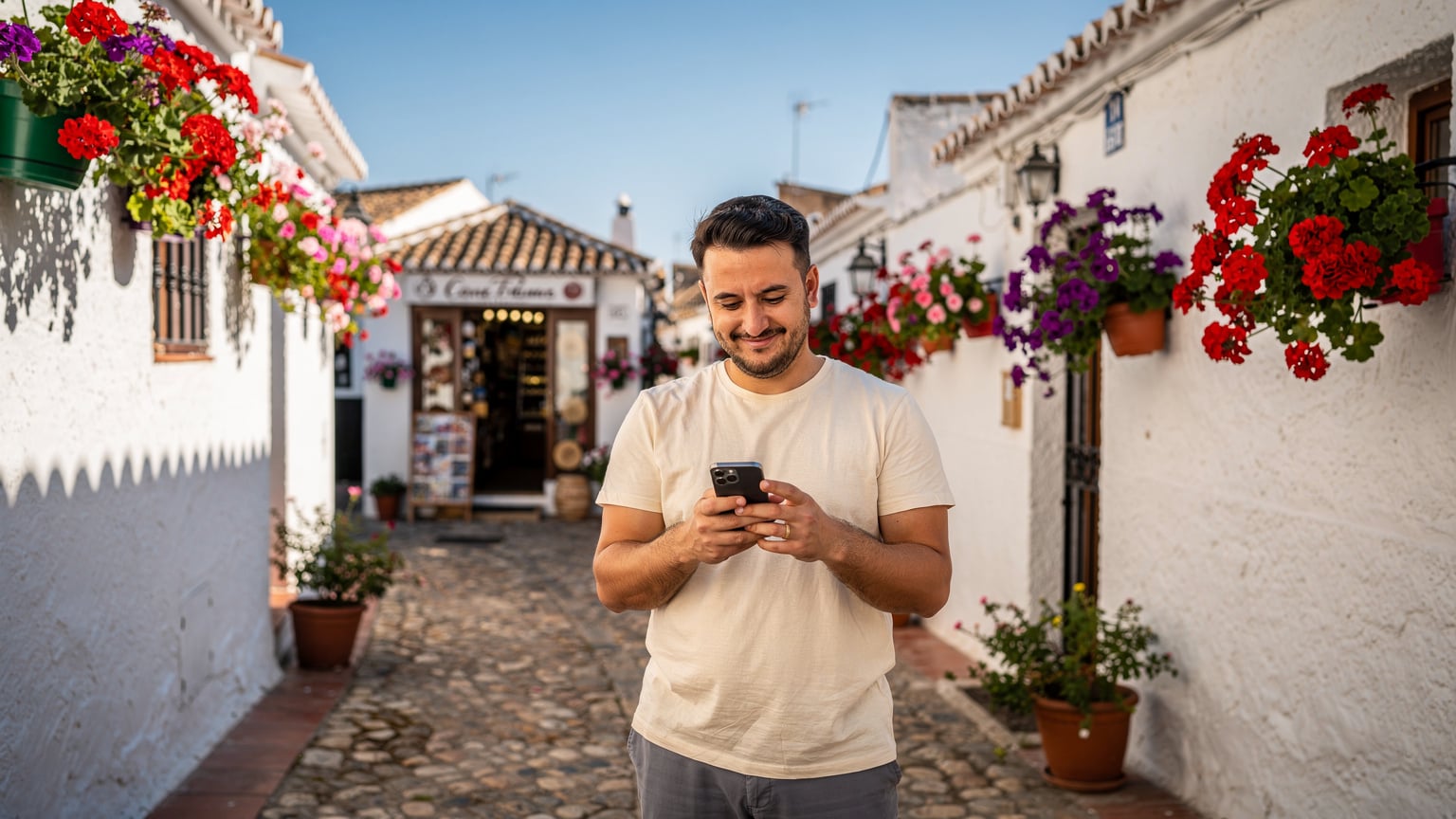 Güneşli bir İspanyol köyünde, bir gezginin telefonuyla eSIM ayarlarını son kez kontrol ederken çekilmiş bir fotoğrafı.
