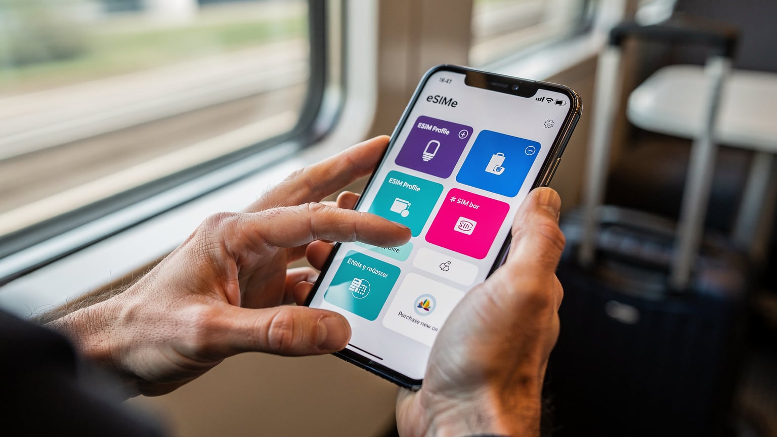 Un primo piano delle mani di un genitore che tiene uno smartphone moderno, con il pollice che scorre con delicatezza su un'interfaccia dell'app di gestione eSIM, mostrando chiaramente diversi profili attivi e l'opzione per acquistarne di nuovi. Lo sfondo è sfocato e suggerisce un ambiente di viaggio, forse un treno ad alta velocità o un caffè di un aeroporto.
