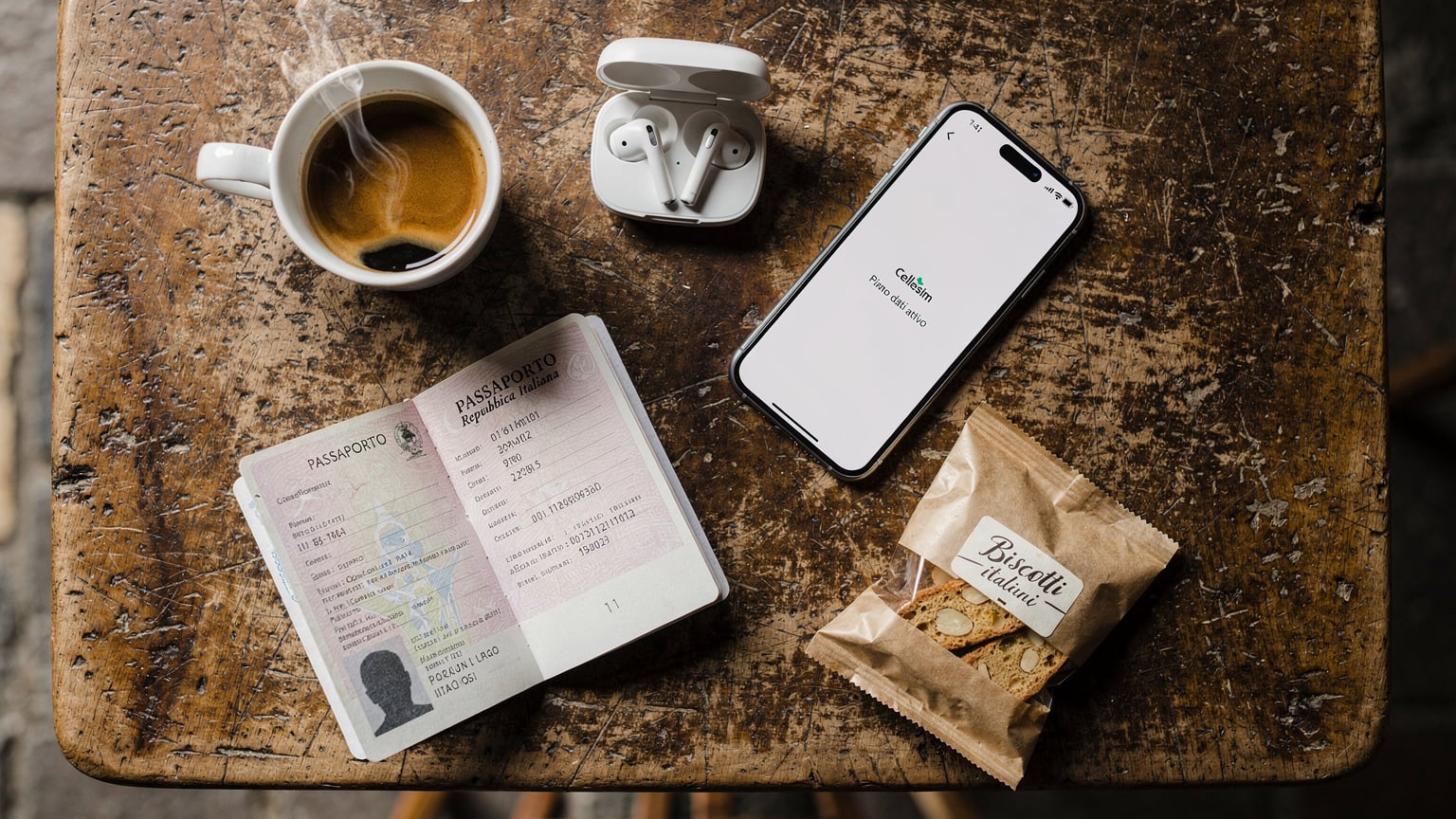 Una vista aerea, in stile flat-lay, di una tavola in legno con oggetti da viaggio ben organizzati: un passaporto italiano aperto, uno smartphone che mostra l'app Cellesim con un piano dati attivo, auricolari wireless di alta qualità, una tazza di caffè fumante con un design minimalista e una piccola borsa di biscotti italiani. La scena evoca un momento di pianificazione del viaggio rilassato e attento.