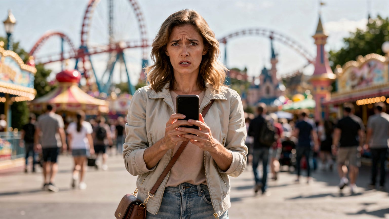 Una donna sulla trentina, con un'espressione visibilmente preoccupata sul viso, tiene il suo smartphone con uno schermo completamente vuoto o con un messaggio di errore di connessione, mentre si trova in una zona affollata di un parco divertimenti a tema, con attrazioni e persone in movimento sullo sfondo. La sua espressione suggerisce una perdita di connessione cruciale o un problema tecnico.