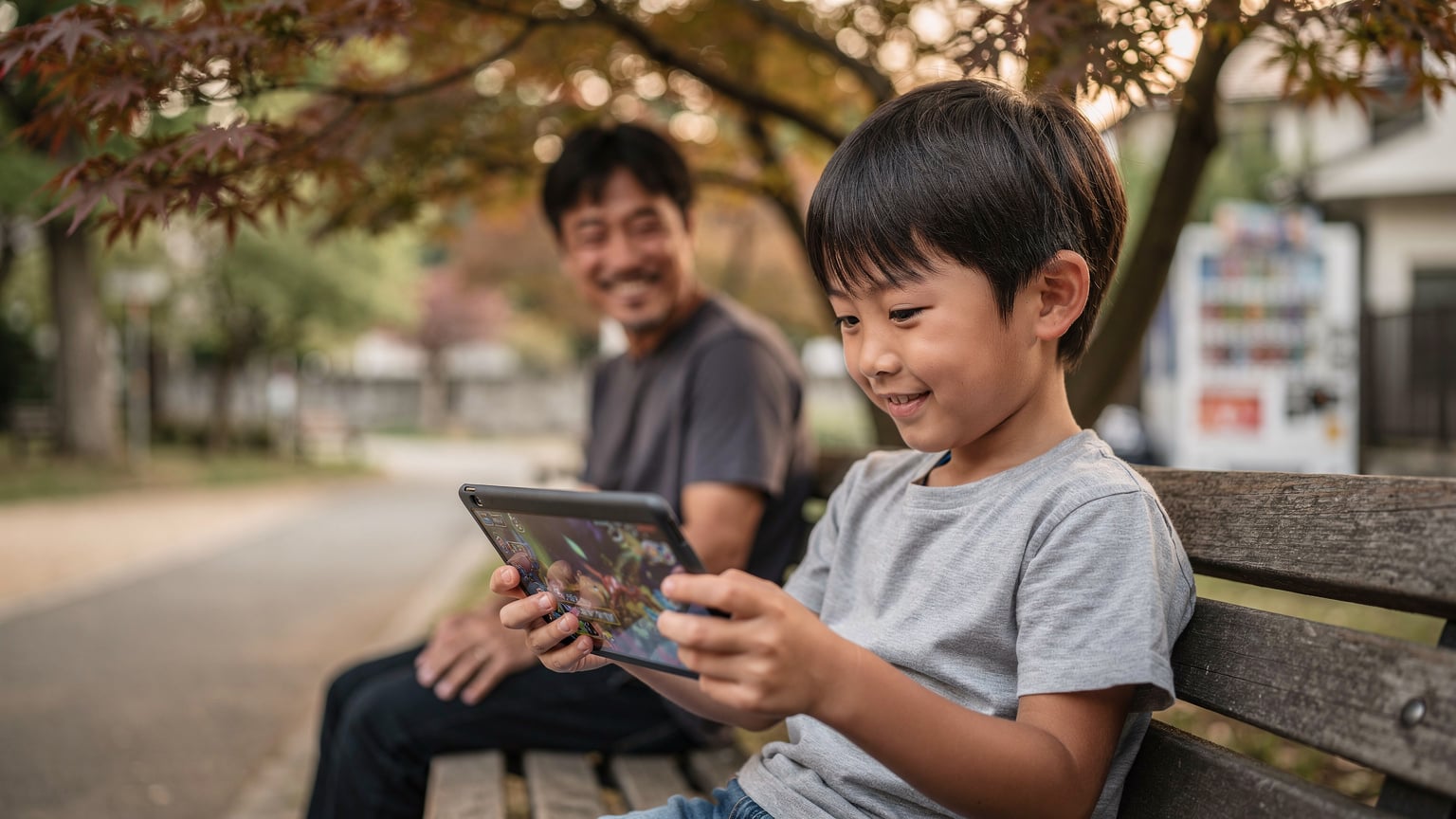 Un bambino di 8 anni, seduto su una panchina in un parco pubblico di Tokyo, completamente assorto nel suo tablet, gioca a un videogioco colorato. Il padre, in sottofondo e leggermente sfocato, lo osserva con un sorriso affettuoso e un'espressione di stanchezza.