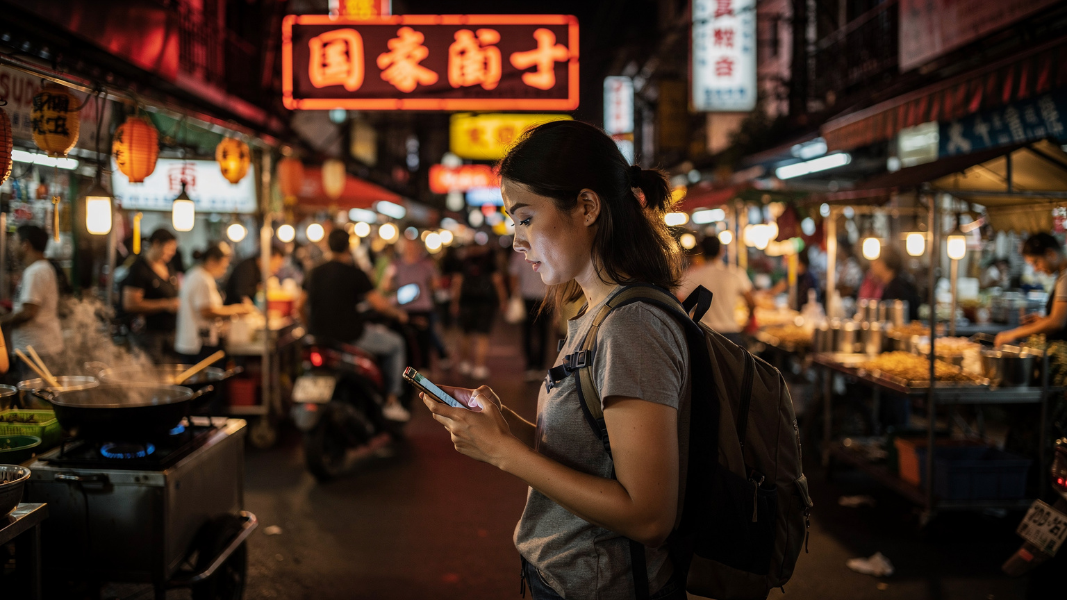 Une voyageuse utilise son téléphone pour naviguer dans les rues animées de Yaowarat (Chinatown) à Bangkok, éclairées par les néons du soir.