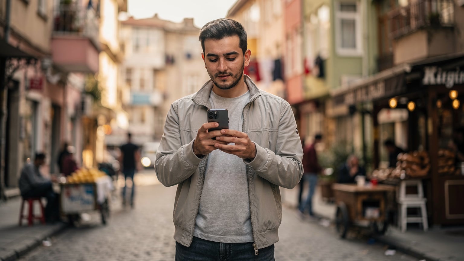İstanbul'un hareketli sokaklarından birinde, elinde telefonunu tutan bir gezgin, eSIM'inin aktif olduğunu kontrol ediyor. Arka planda tarihi binalar ve bir çay ocağı görünüyor.
