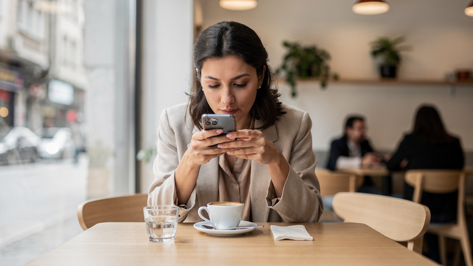 Bir kafede kahvesini yudumlarken, genç bir gezgin telefonunun ayarlar menüsünde eSIM profillerini yönetiyor. Ekran yakından çekilmiş, ancak arayüz detayları bulanık bırakılmış.