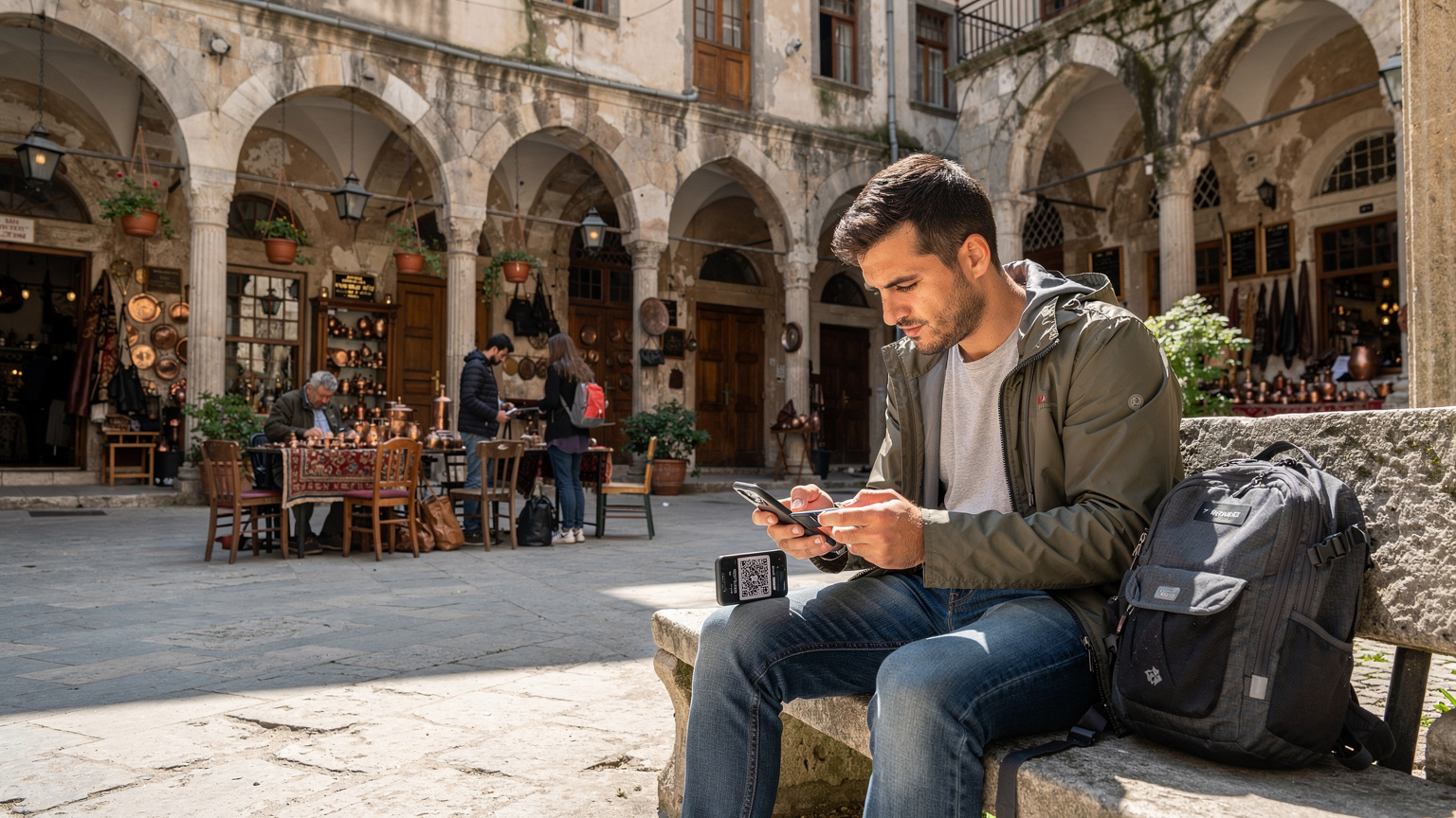 Bir gezgin, İstanbul'daki tarihi bir hanın avlusunda oturmuş, telefonundan bir QR kodunu tarayarak yeni eSIM'ini etkinleştiriyor. Etrafında yerel esnaflar ve hareketli bir ortam var.