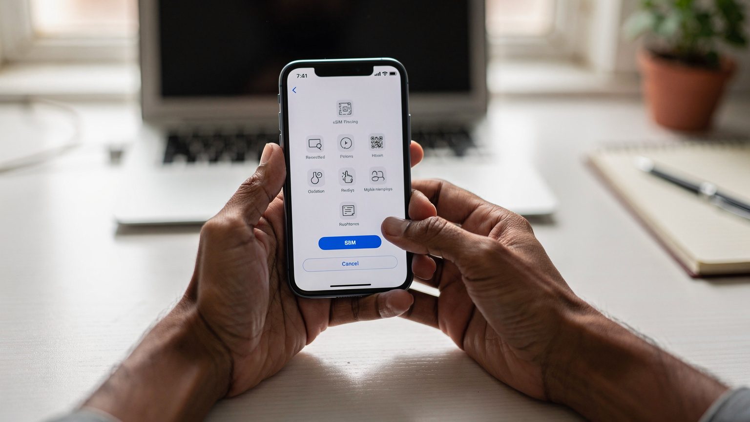 एक व्यक्ति अपने स्मार्टफोन की सेटिंग्स में eSIM QR कोड स्कैन करने की तैयारी कर रहा है। फोन पर eSIM सेटअप का इंटरफ़ेस दिख रहा है।