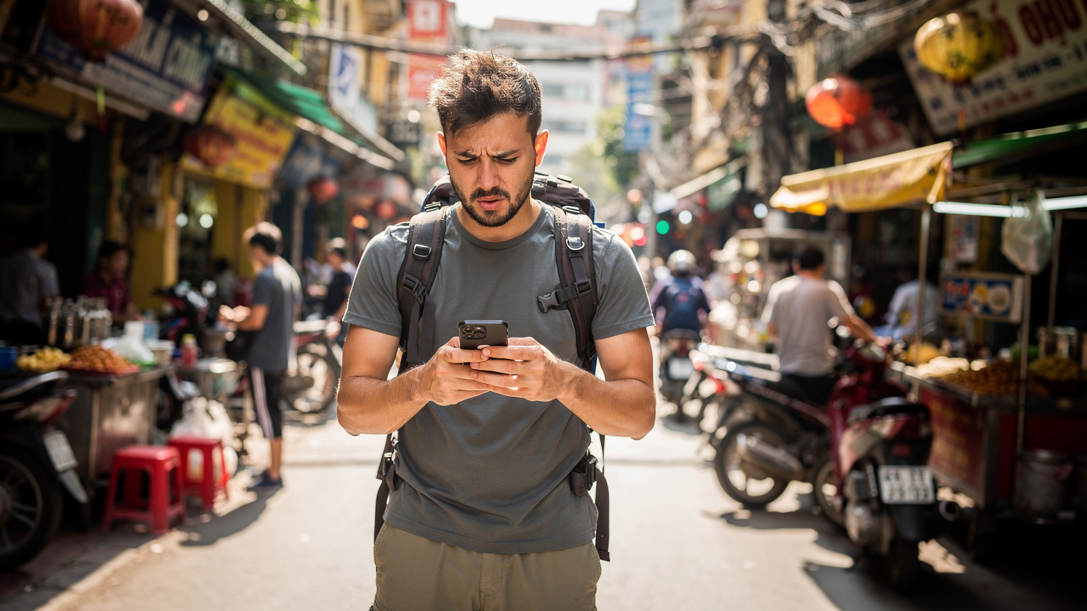 Um jovem viajante com mochila pequena e camiseta básica, parado em uma rua movimentada de Hanói, Vietnã, olhando com frustração para o seu iPhone, que exibe 'sem serviço', com barracas de comida de rua e motos passando ao fundo.