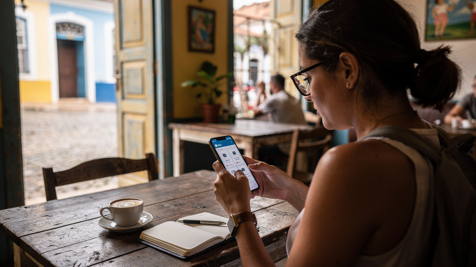 Uma mulher jovem e prática, com óculos, sentada em um café movimentado de Salvador, Bahia, olhando atentamente para seu iPhone, comparando tabelas de preços de planos eSIM, com um copo de café e um notebook pequeno na mesa.