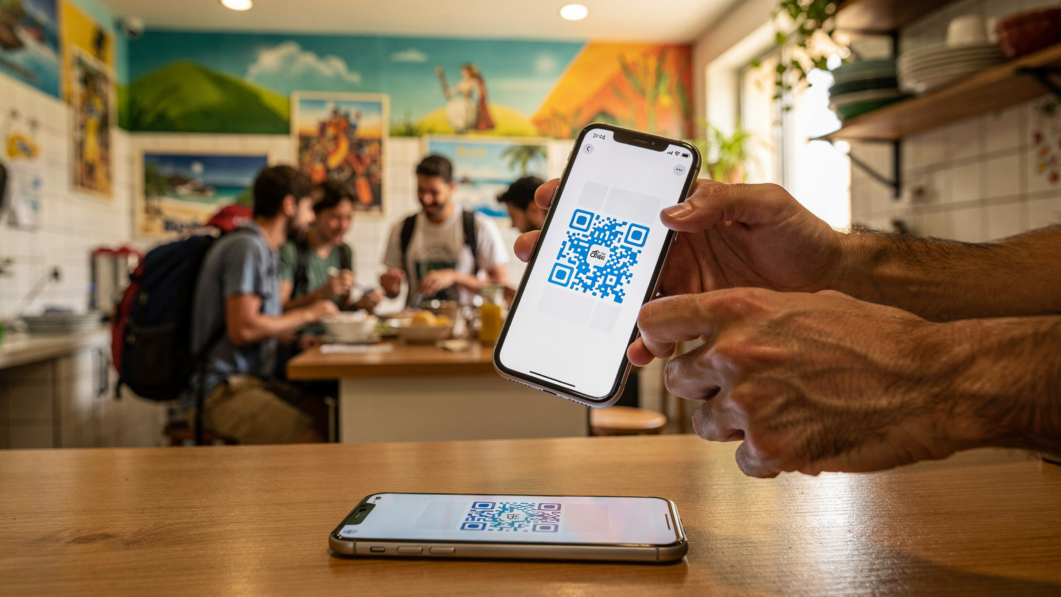 Mãos masculinas seguram um iPhone, prestes a escanear um QR code de ativação de eSIM exibido em outro celular, em uma cozinha comunitária de hostel, com mochilas e outros viajantes ao fundo em um clima descontraído.