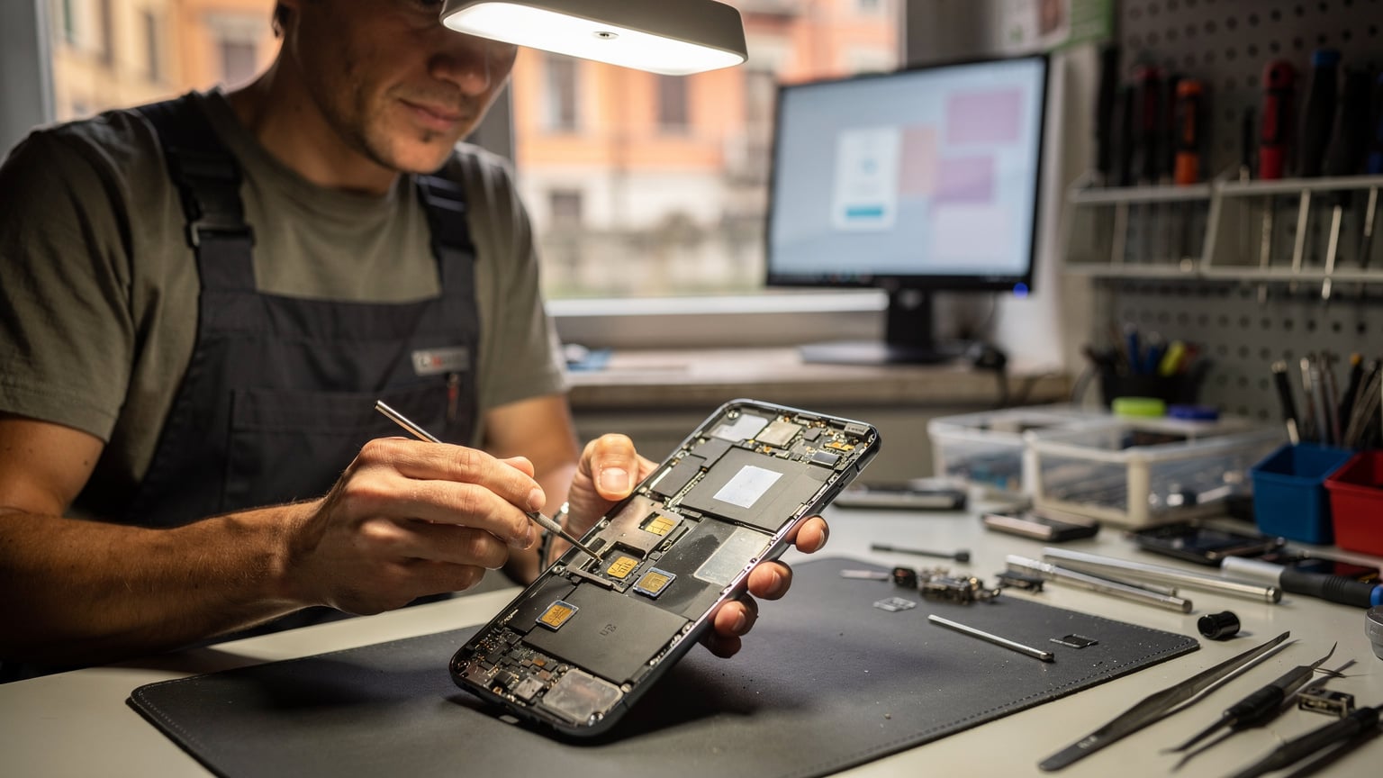 Un tecnico controlla gli slot SIM di un telefono, con un'interfaccia eSIM sullo schermo, a Milano.